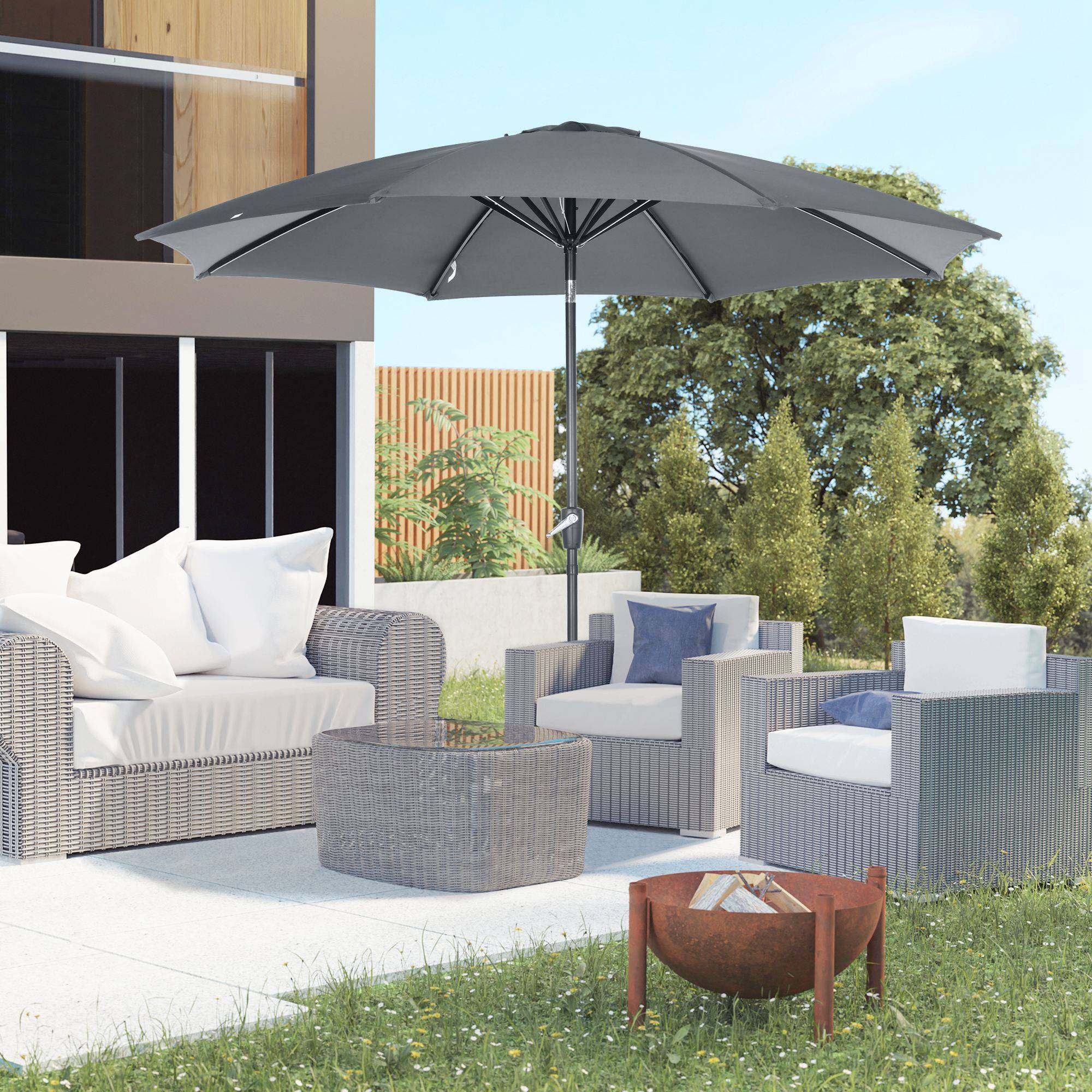 Parasol de jardin à manivelle et toit inclinable pour terrasse ou patio extérieur Ø300 x 252 cm Gris - Image 3