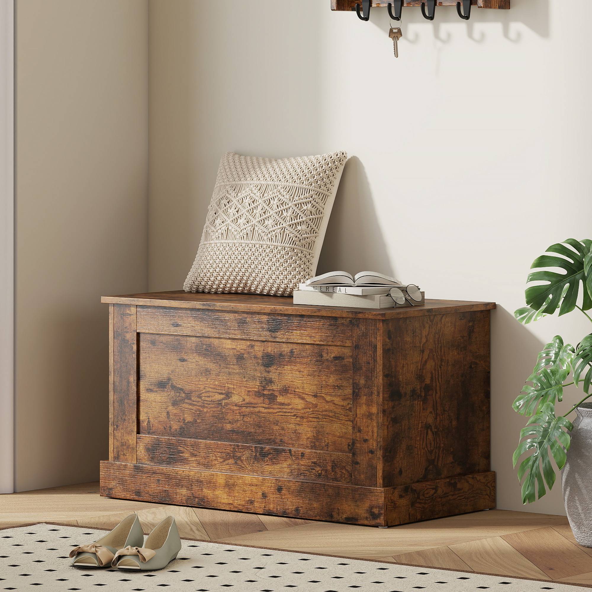 Coffre rangement bois avec charnières sécurité, coffre jouets et banc multifonction brun rustique moderne - Image 3