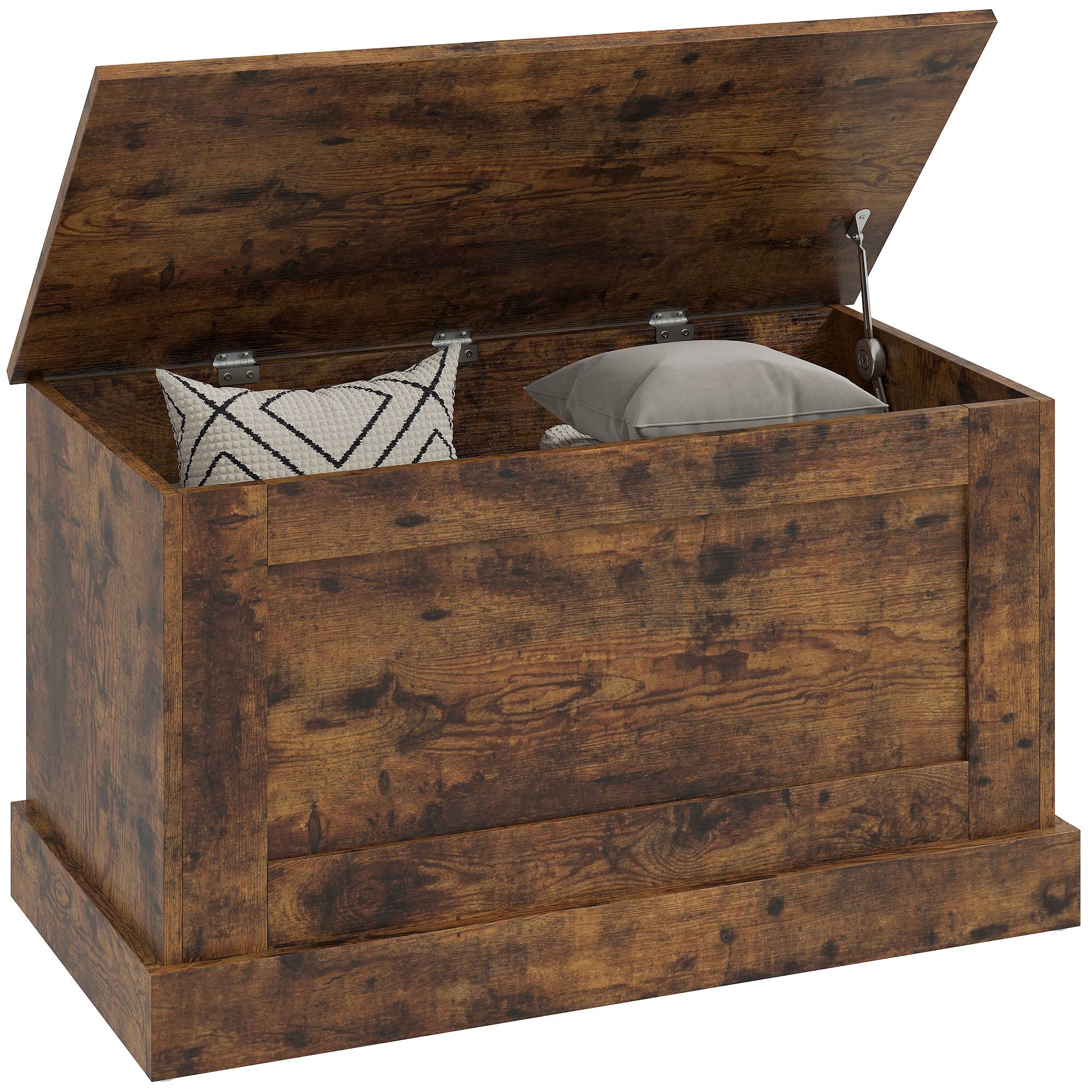 Coffre rangement bois avec charnières sécurité, coffre jouets et banc multifonction brun rustique moderne - Image 1