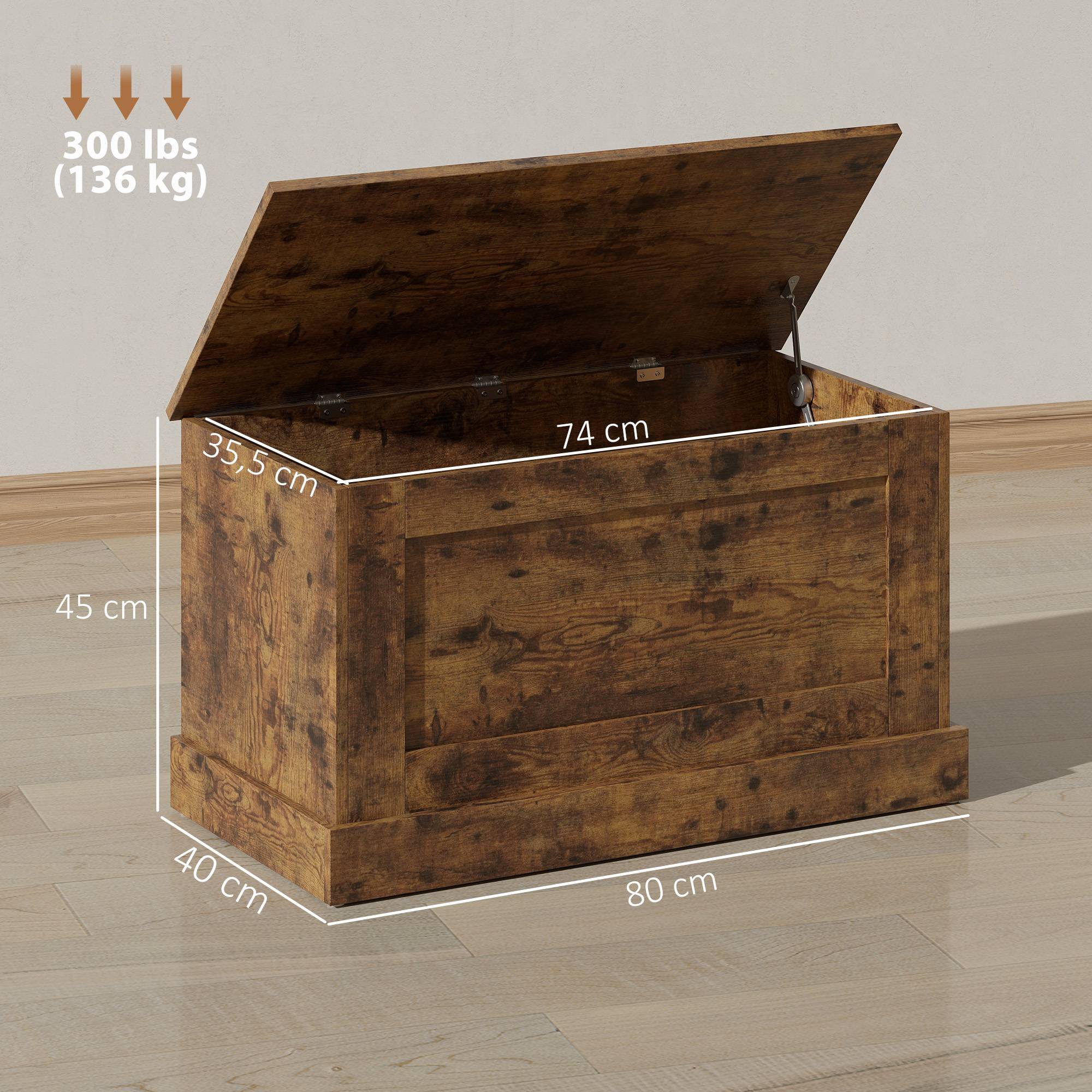 Coffre rangement bois avec charnières sécurité, coffre jouets et banc multifonction brun rustique moderne - Image 5