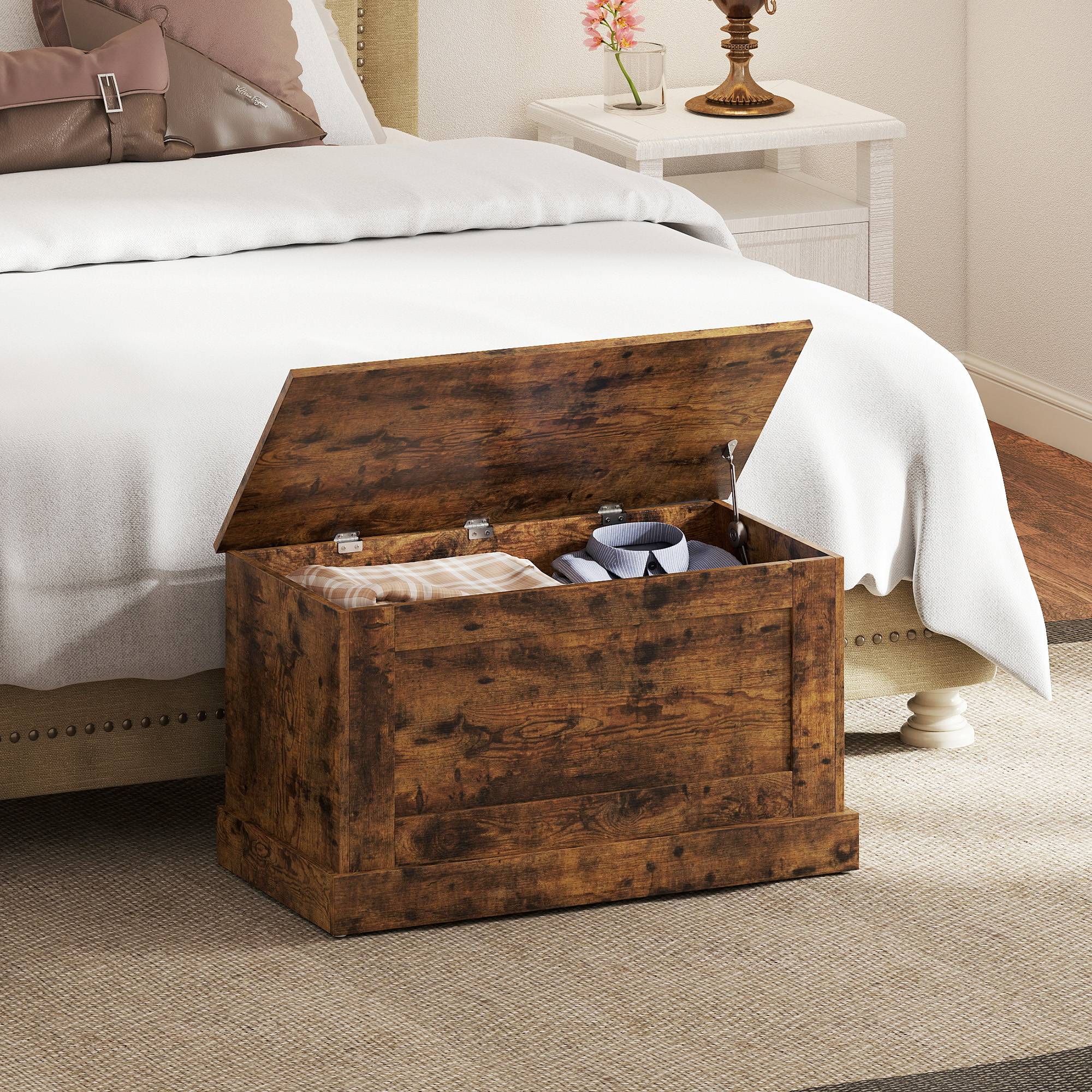 Coffre rangement bois avec charnières sécurité, coffre jouets et banc multifonction brun rustique moderne - Image 4