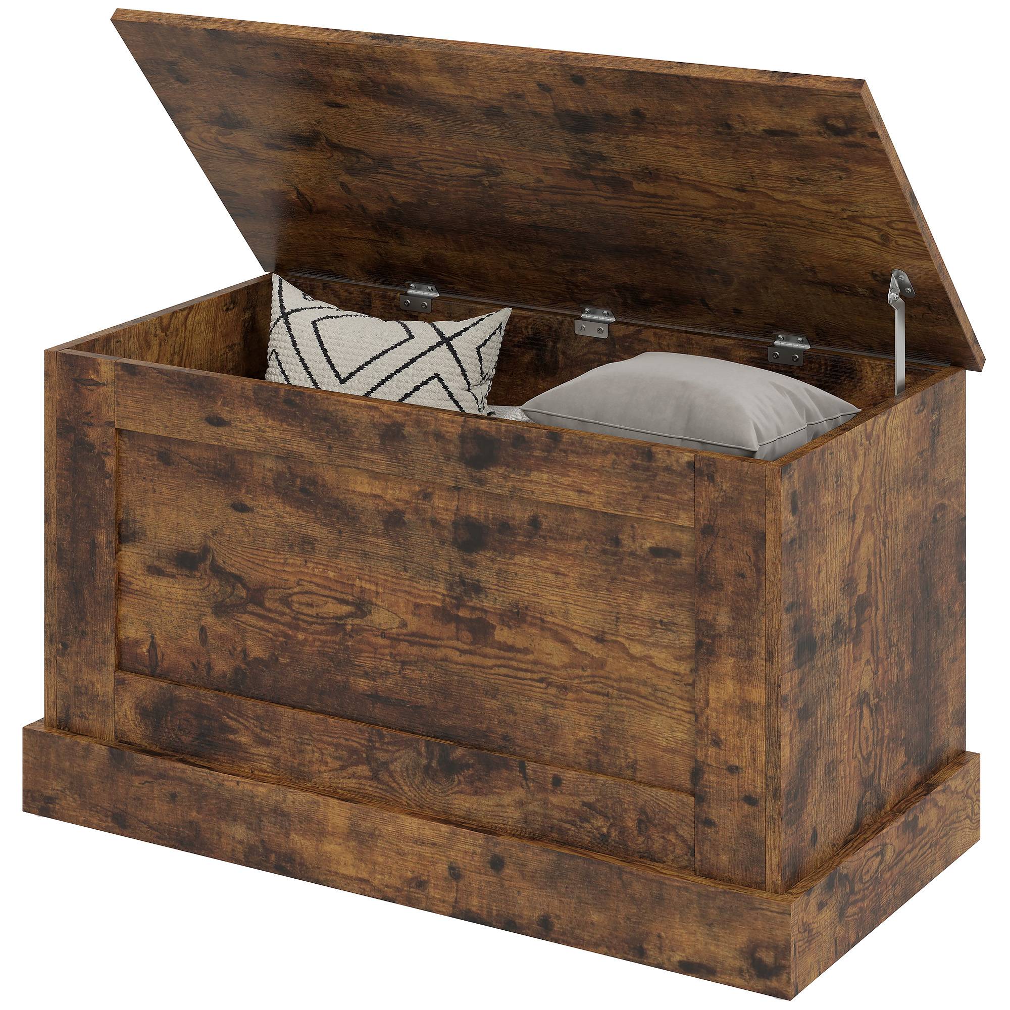 Coffre rangement bois avec charnières sécurité, coffre jouets et banc multifonction brun rustique moderne - Image 2