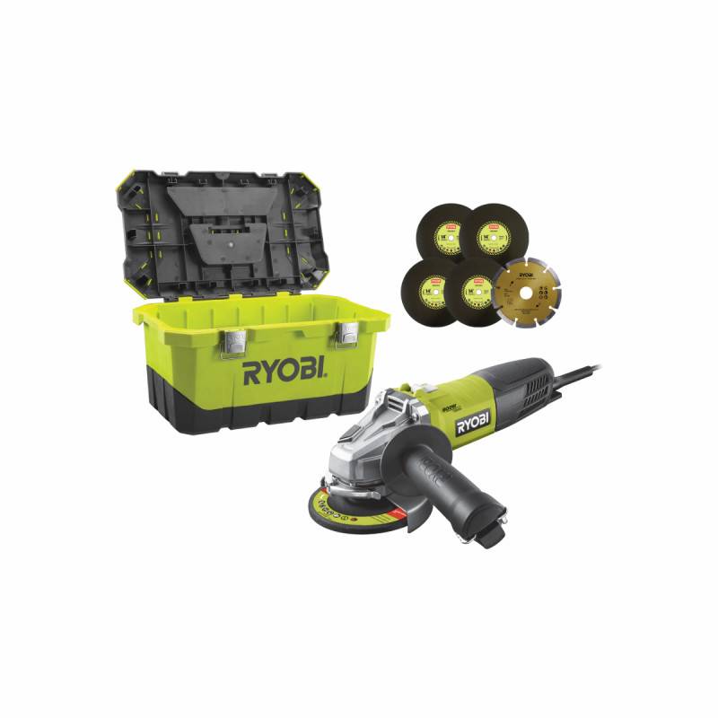 Ryobi - Meuleuse d'angle RYOBI 800W 125mm - 1 disque diamant - 5 disques à ébarber - Toolbox RAG800-125TA6 - Image 1