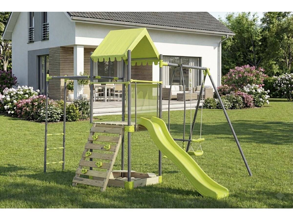Habitat Et Jardin - Aire De Jeu Portique En Métal Avec Toboggan Et Bac A Sable "lucien" - Vert -habitat Et Jardin - Image 2