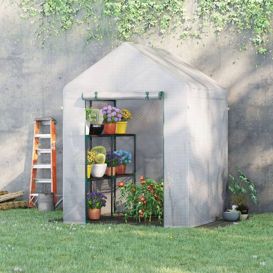 ComfortXL - Serre de jardin acier et PE 143 x 143 x 195 cm blanche potager 2 étagères protection cultures - ComfortXL Outdoor Living - Image 4