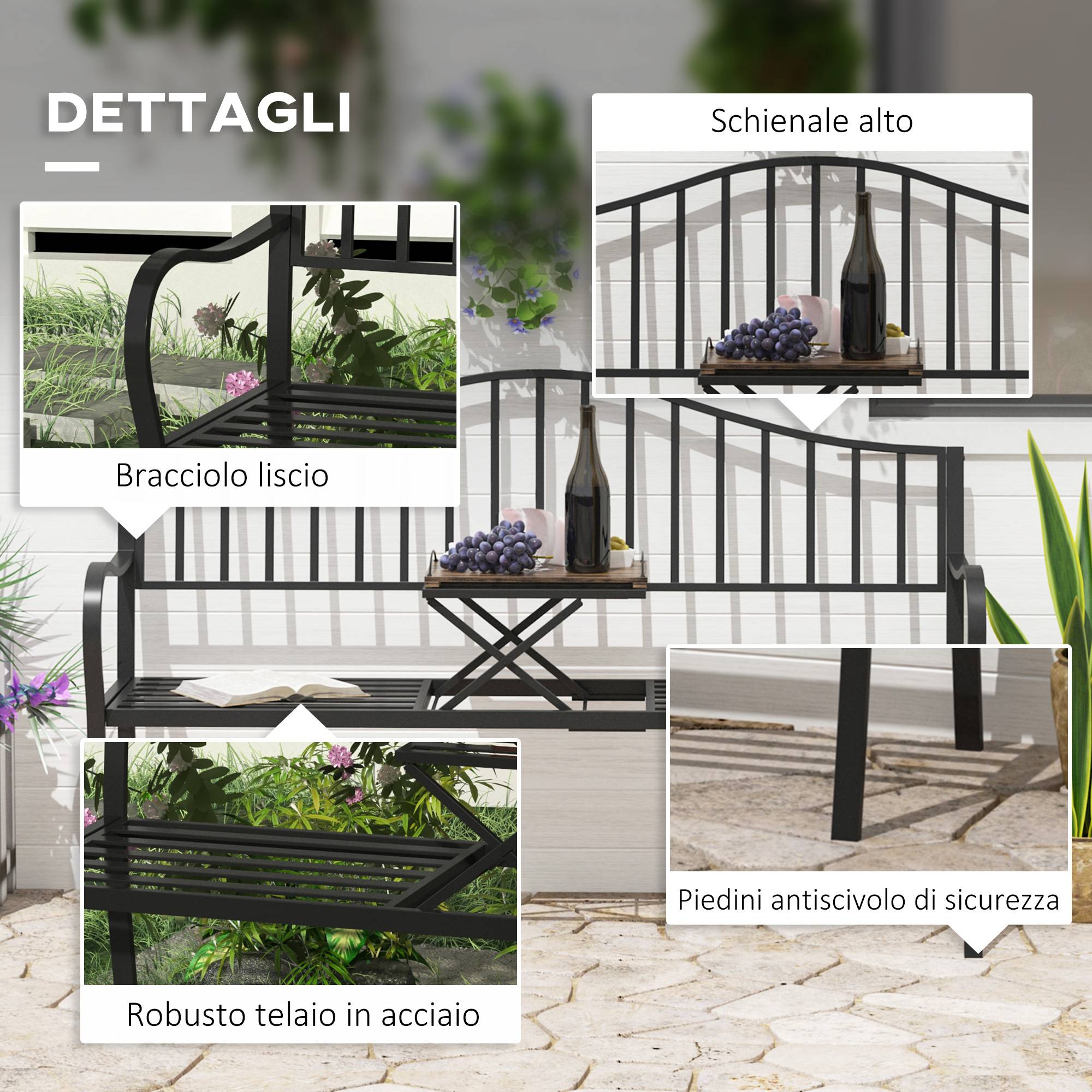Banc de jardin métal 2 places patio cour table centrale escamotable 150x53x95cm noir - ComfortXL Outdoor Living - Image 7