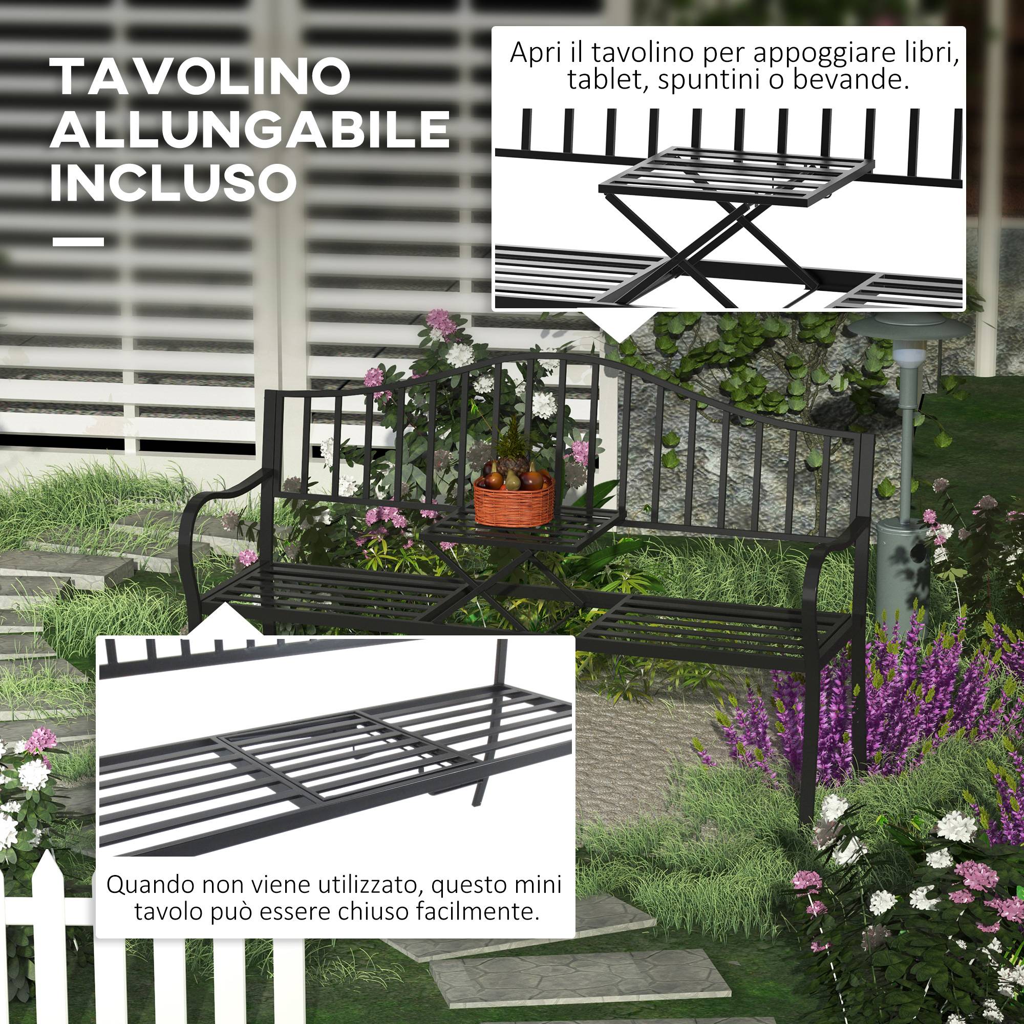 Banc de jardin métal 2 places patio cour table centrale escamotable 150x53x95cm noir - ComfortXL Outdoor Living - Image 6