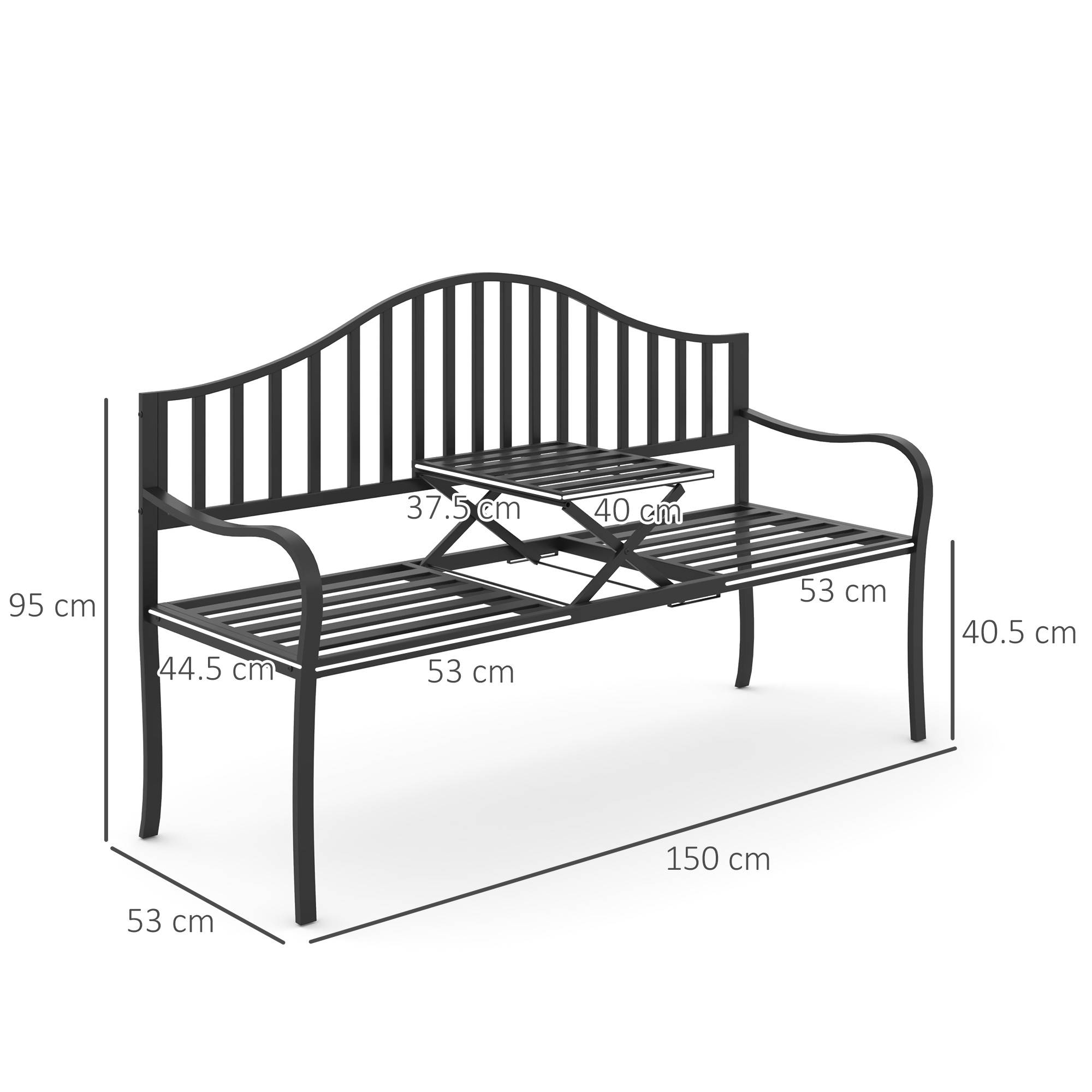Banc de jardin métal 2 places patio cour table centrale escamotable 150x53x95cm noir - ComfortXL Outdoor Living - Image 5