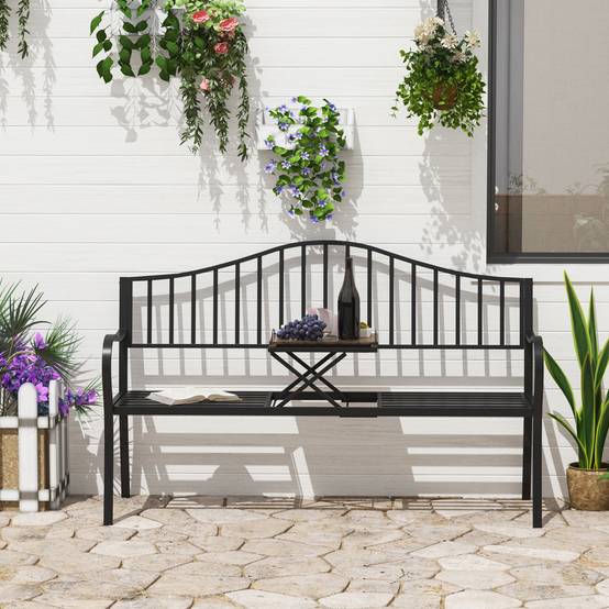 Banc de jardin métal 2 places patio cour table centrale escamotable 150x53x95cm noir - ComfortXL Outdoor Living - Image 3