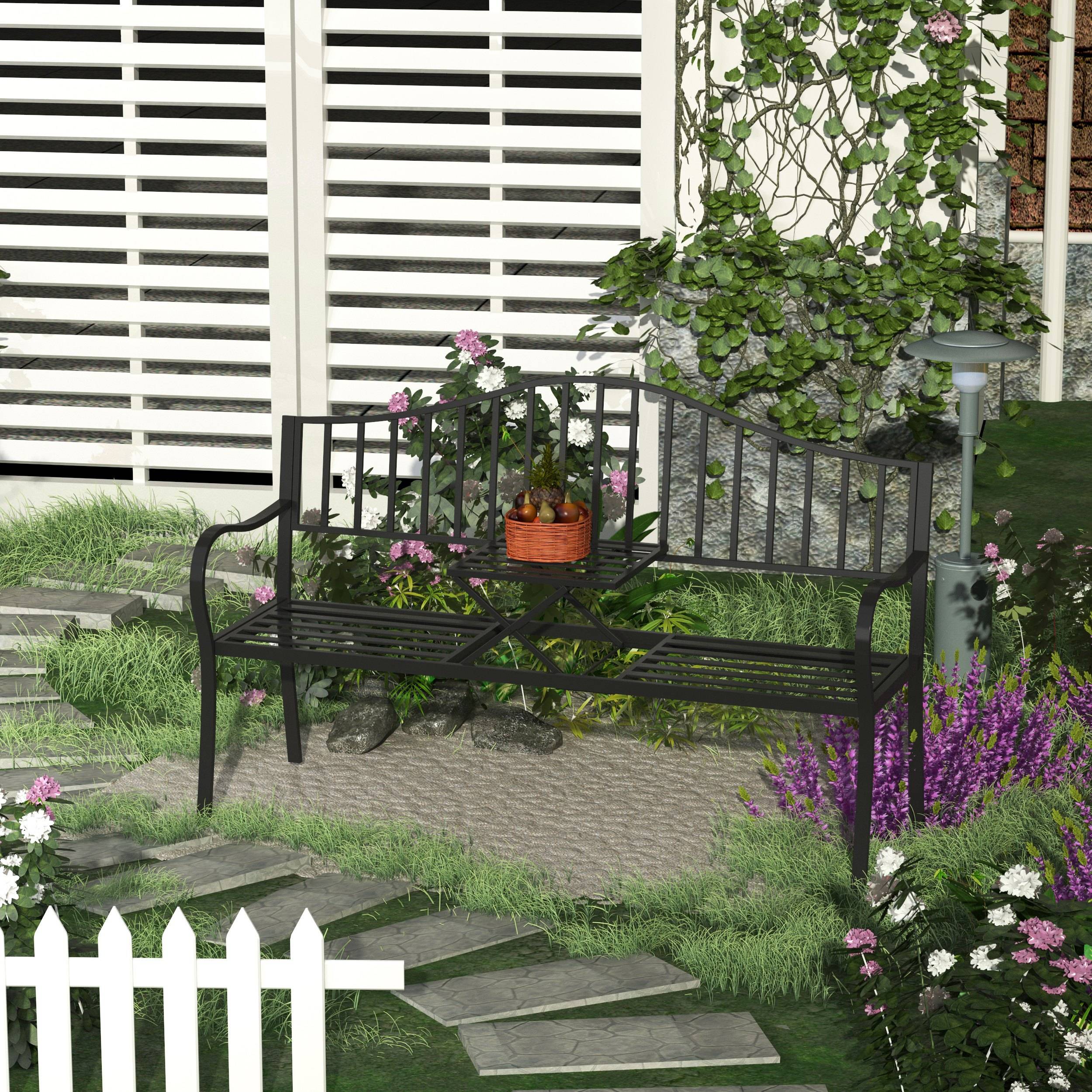 Banc de jardin métal 2 places patio cour table centrale escamotable 150x53x95cm noir - ComfortXL Outdoor Living - Image 4