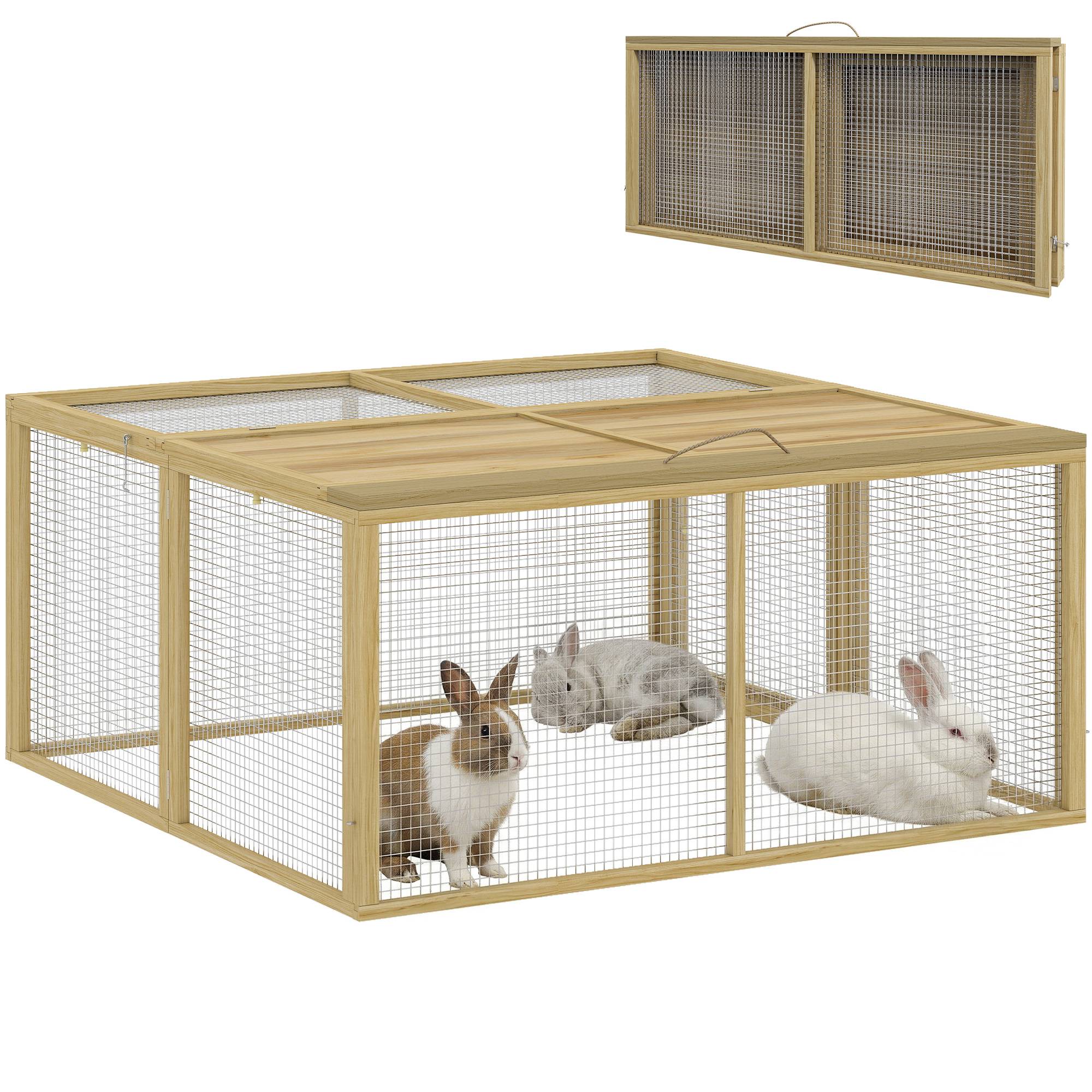 Clapier pour petits animaux naturel en bois de sapin, toit rabattable, 120x120x57cm - Image 1