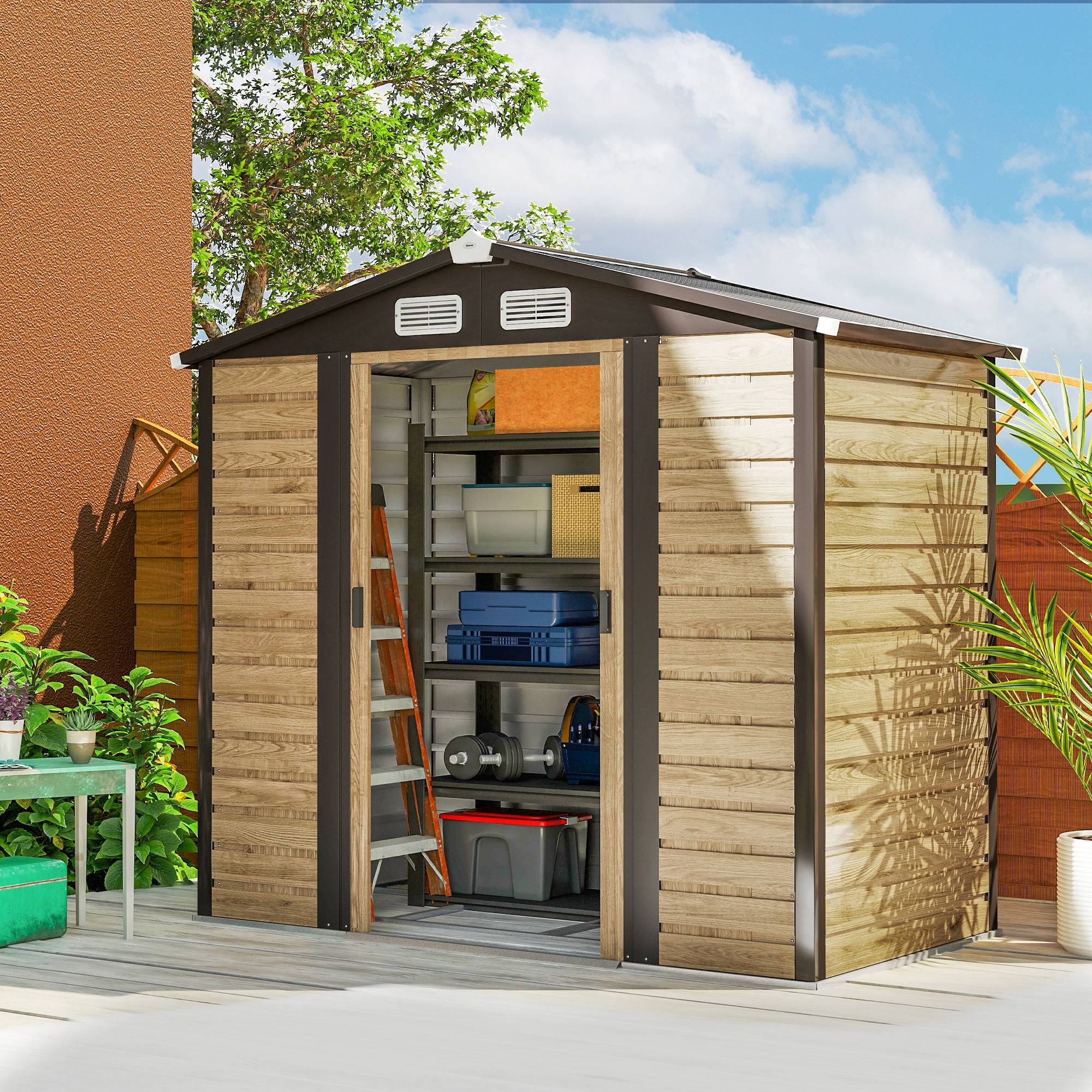 Abri de jardin 2,36 m², cabane de jardin exterieur en acier galvanisé facile à monter, 213x120x194cm chêne - Image 3