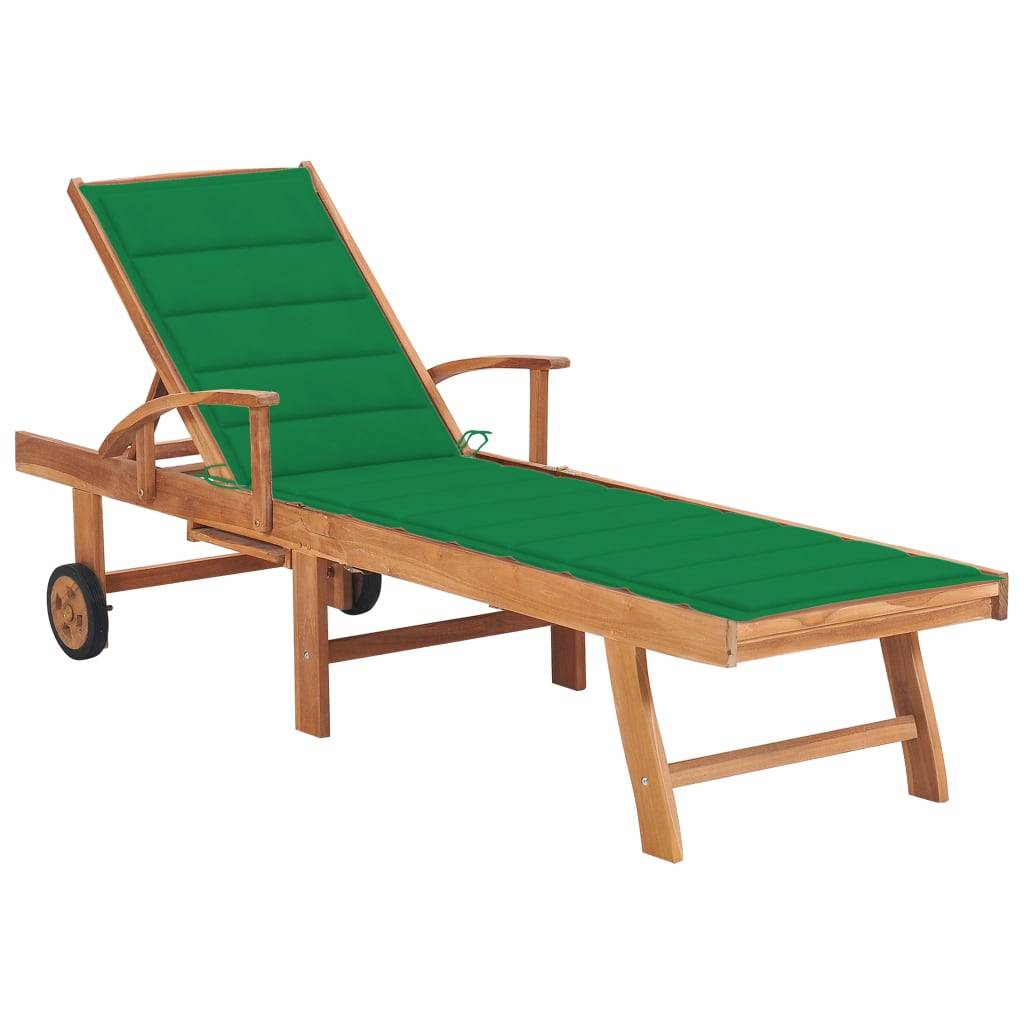 Helloshop26 - Transat chaise longue bain de soleil lit de jardin terrasse meuble d'extérieur avec coussin vert bois de teck solide - Imagen 1