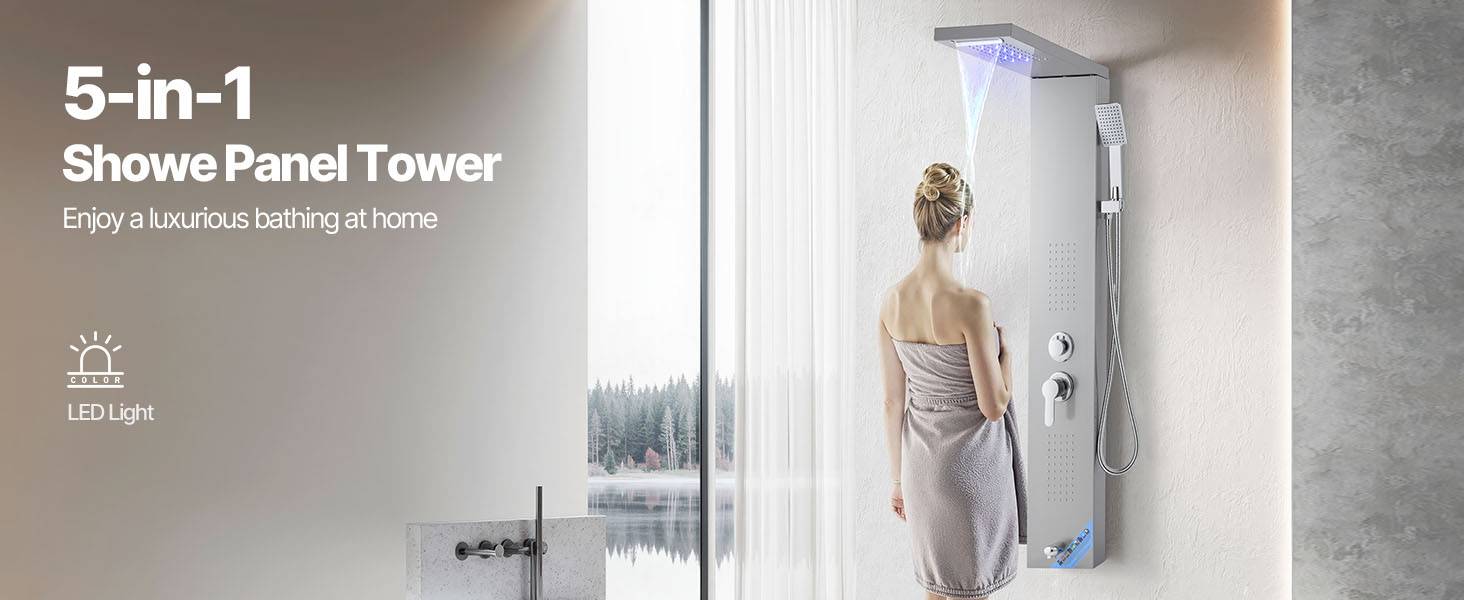 Vevor - VEVOR Colonne douche inox 1345mm avec pommeau pluie, panneau LED, 5 fonctions, douchette et bec de baignoire. - Image 9