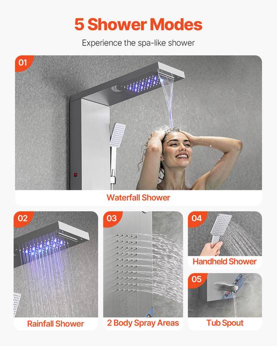 Vevor - VEVOR Colonne douche inox 1345mm avec pommeau pluie, panneau LED, 5 fonctions, douchette et bec de baignoire. - Image 3