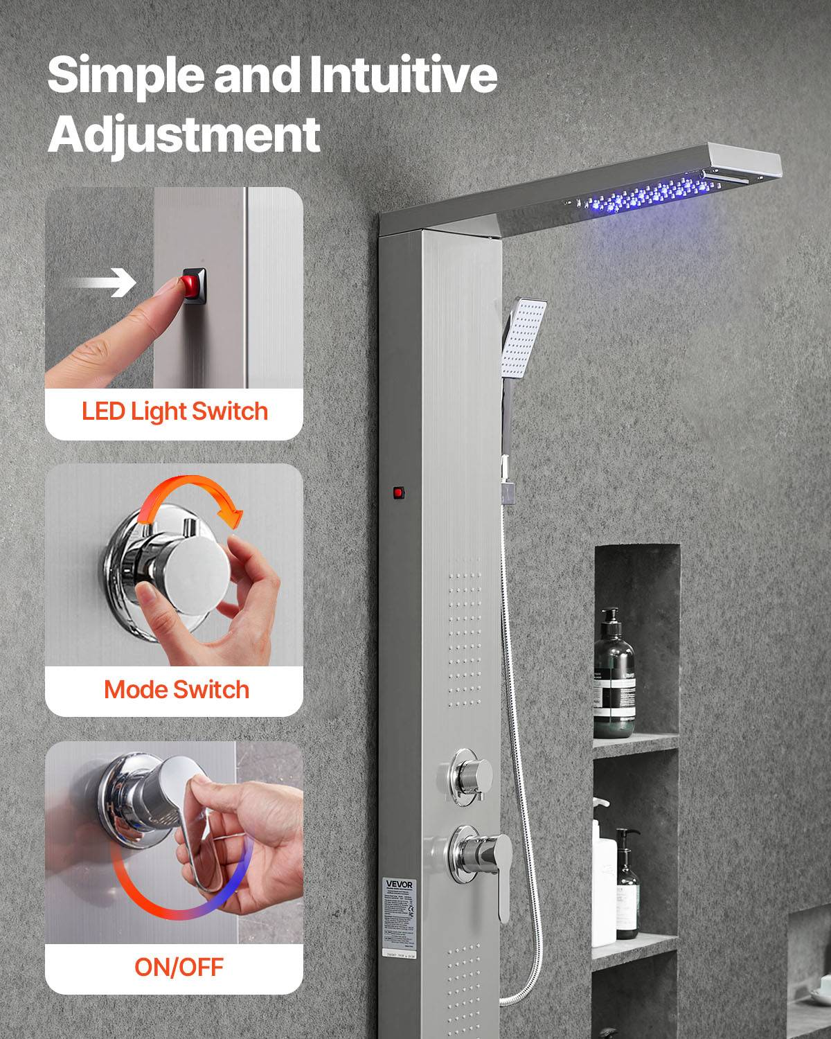 Vevor - VEVOR Colonne douche inox 1345mm avec pommeau pluie, panneau LED, 5 fonctions, douchette et bec de baignoire. - Image 6