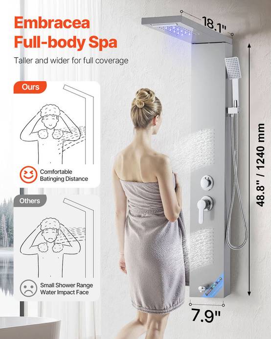 Vevor - VEVOR Colonne douche inox 1345mm avec pommeau pluie, panneau LED, 5 fonctions, douchette et bec de baignoire. - Image 2