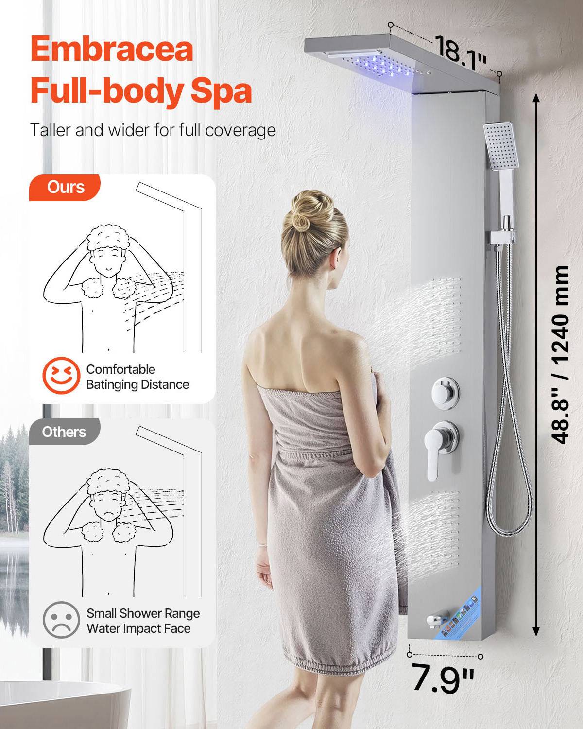Vevor - VEVOR Colonne douche inox 1345mm avec pommeau pluie, panneau LED, 5 fonctions, douchette et bec de baignoire. - Image 2