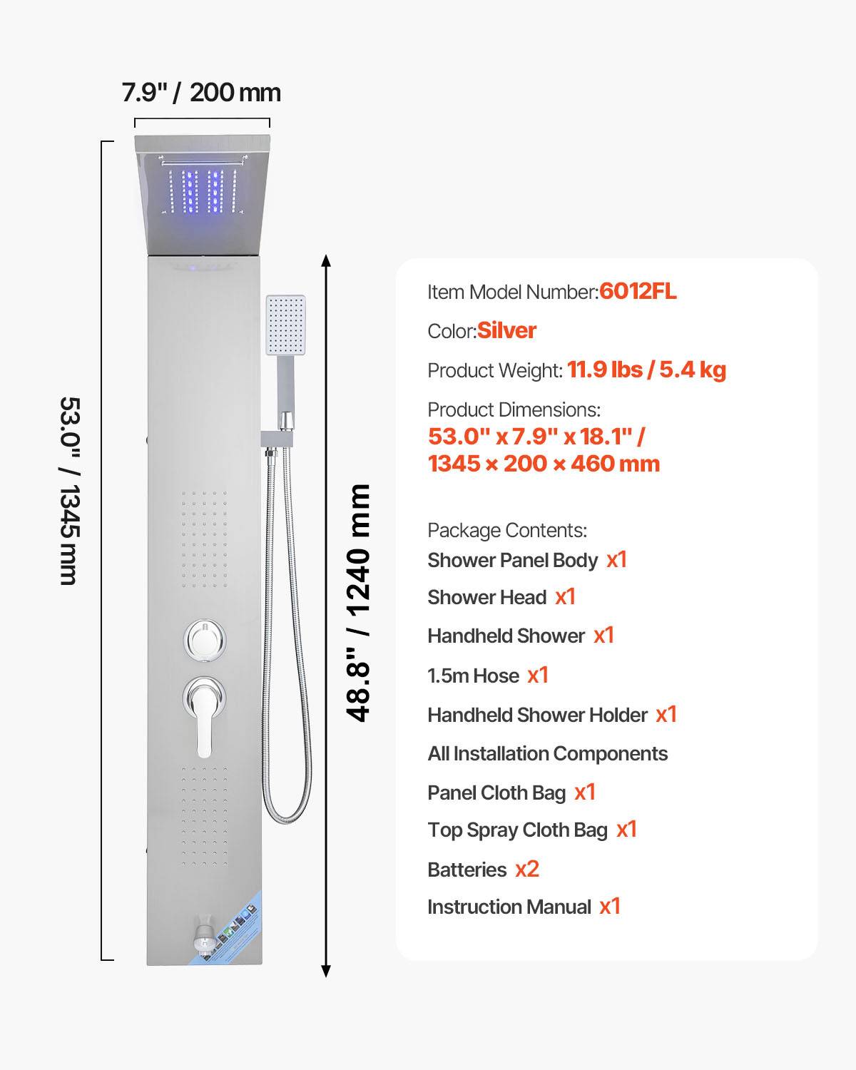 Vevor - VEVOR Colonne douche inox 1345mm avec pommeau pluie, panneau LED, 5 fonctions, douchette et bec de baignoire. - Image 7