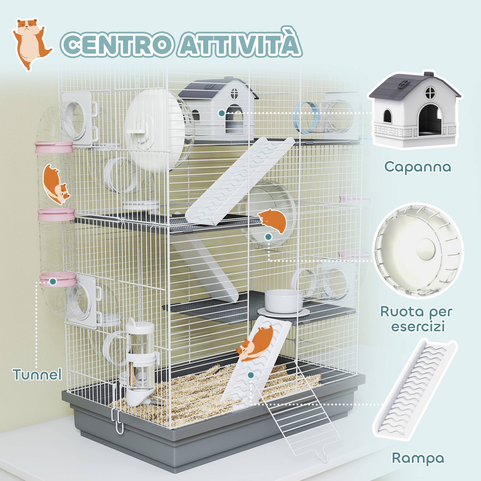 Cage hamster métal plastique 4 niveaux parcours 16 tubes 47x30x70cm Gris - ComfortXL Outdoor Living - Image 6
