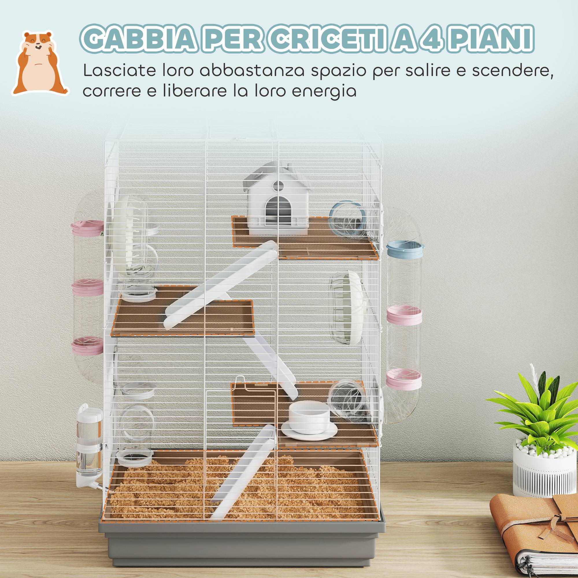 Cage hamster métal plastique 4 niveaux parcours 16 tubes 47x30x70cm Gris - ComfortXL Outdoor Living - Image 7