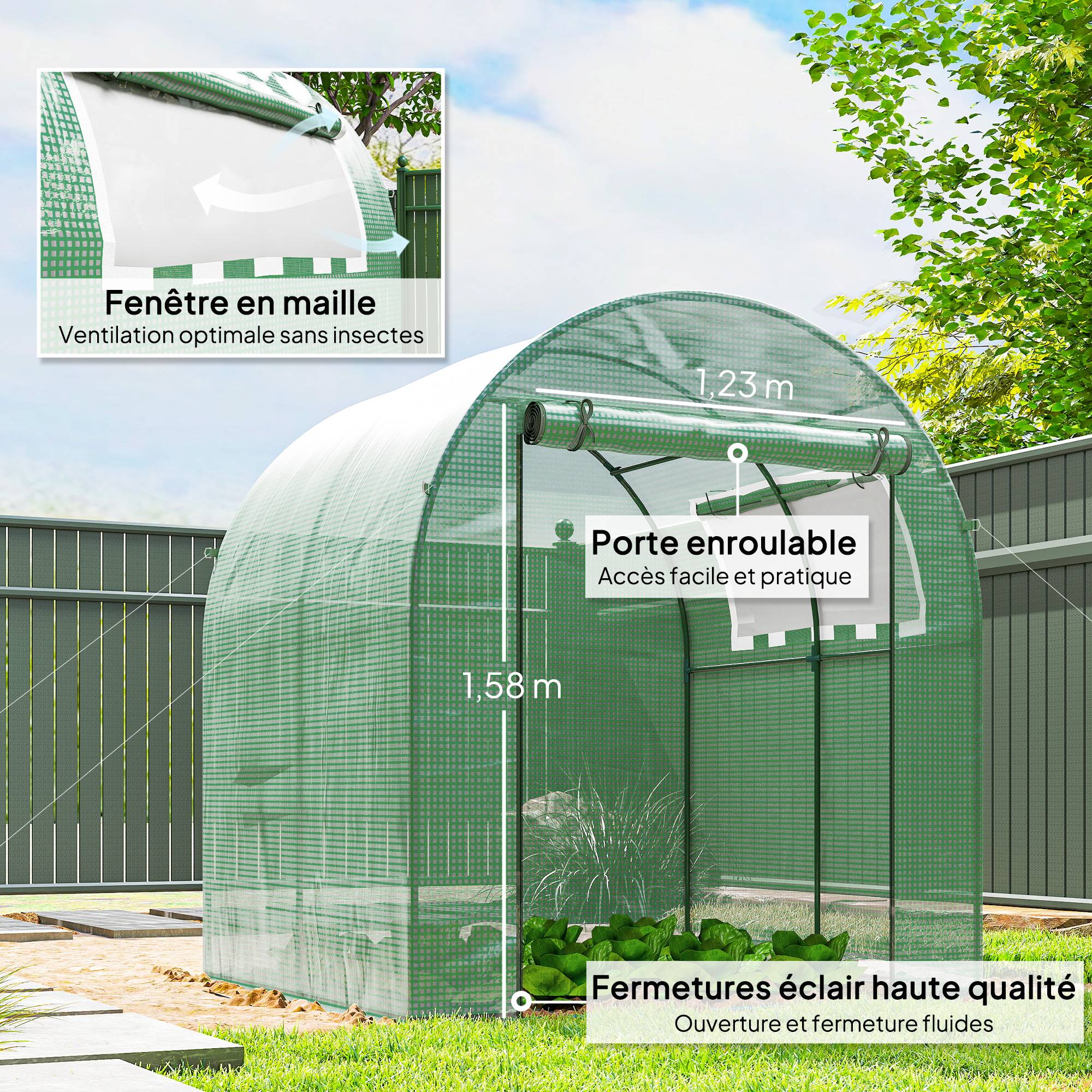 Serre Tunnel de Jardin 3,24 m² 180 x 180 x 200 cm, Porte et Fenêtre Enroulables, Bâche PE - Image 8