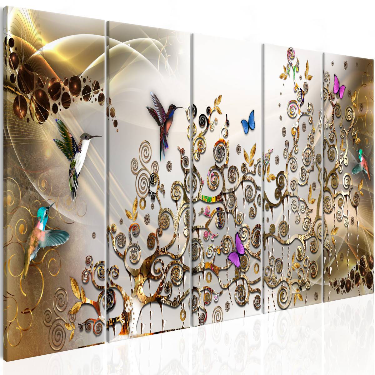 Tableau 5 Panneaux "Hummingbirds Dance Gold Narrow" 90 x 225 cm - Image 1