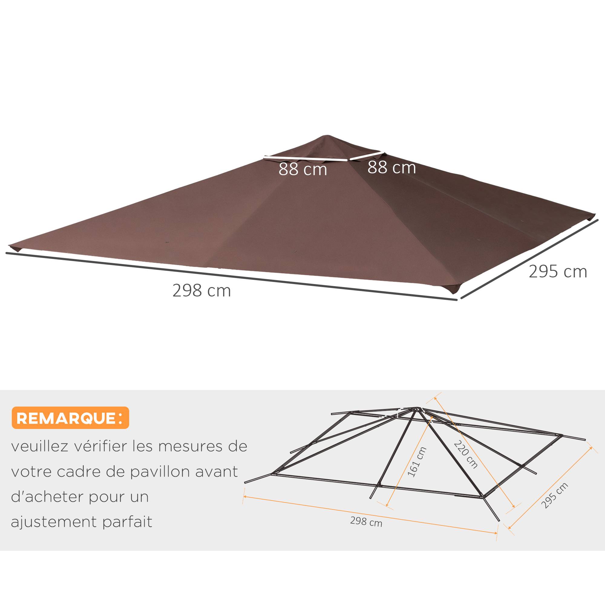 Outsunny - Toile de rechange pour pavillon tonnelle tente toit de remplacement 3x3m anti-UV haute densité 180g/m² tissu polyester café - Outsunny - Image 3
