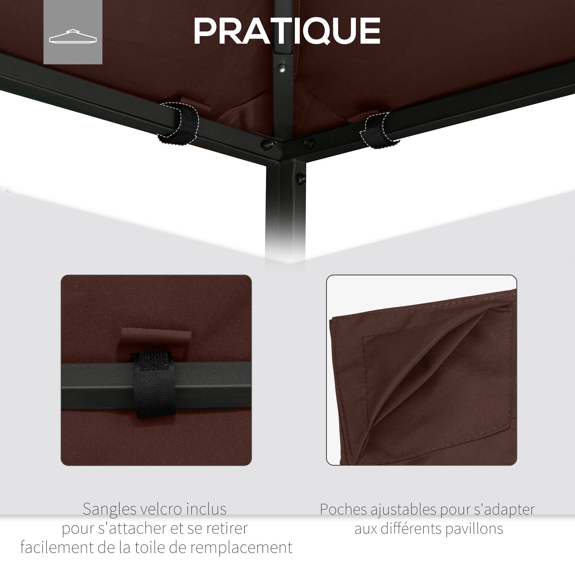 Outsunny - Toile de rechange pour pavillon tonnelle tente toit de remplacement 3x3m anti-UV haute densité 180g/m² tissu polyester café - Outsunny - Image 5