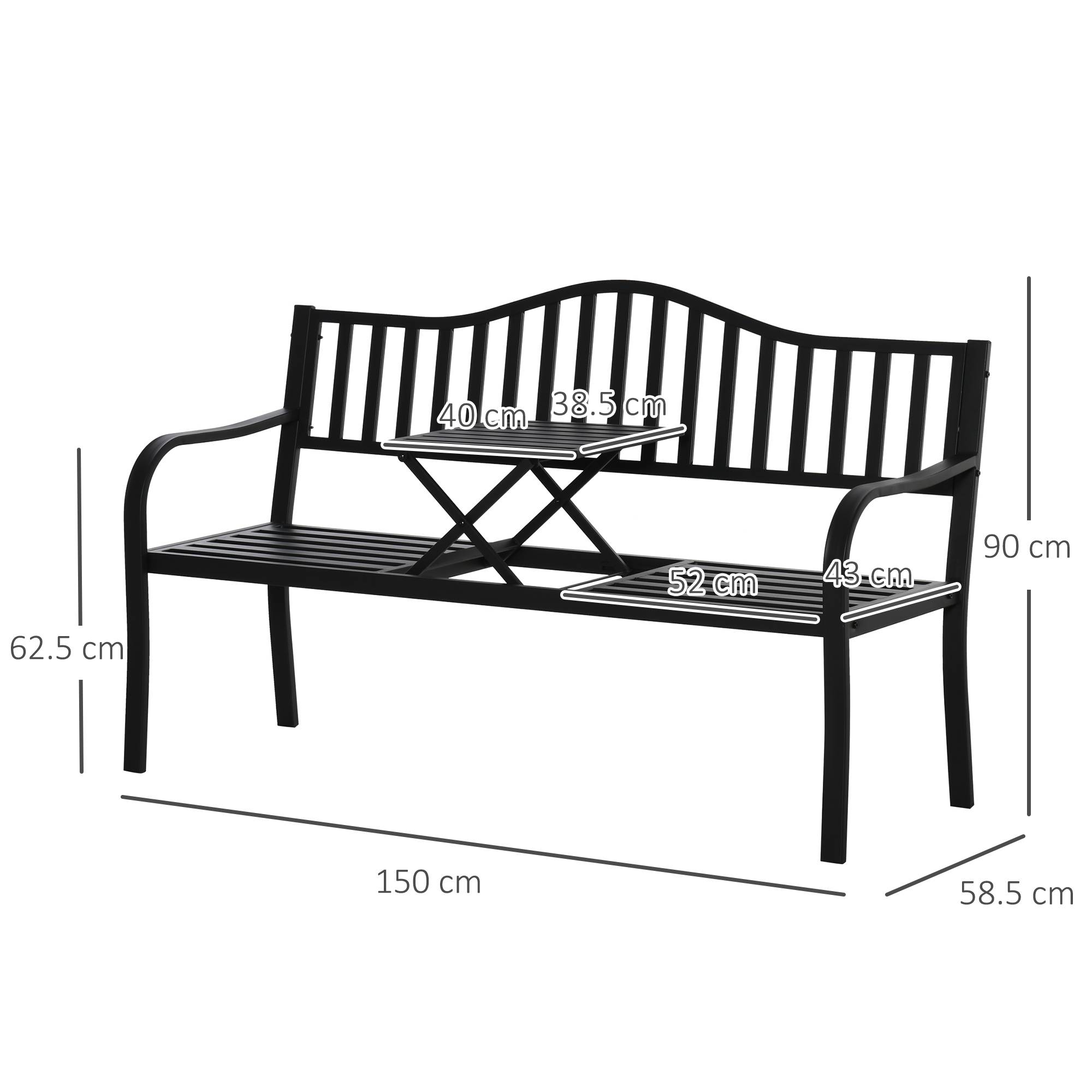 Banc de jardin convertible 3 places métal terrasse avec table centrale noir 150cm - ComfortXL Outdoor Living - Image 5