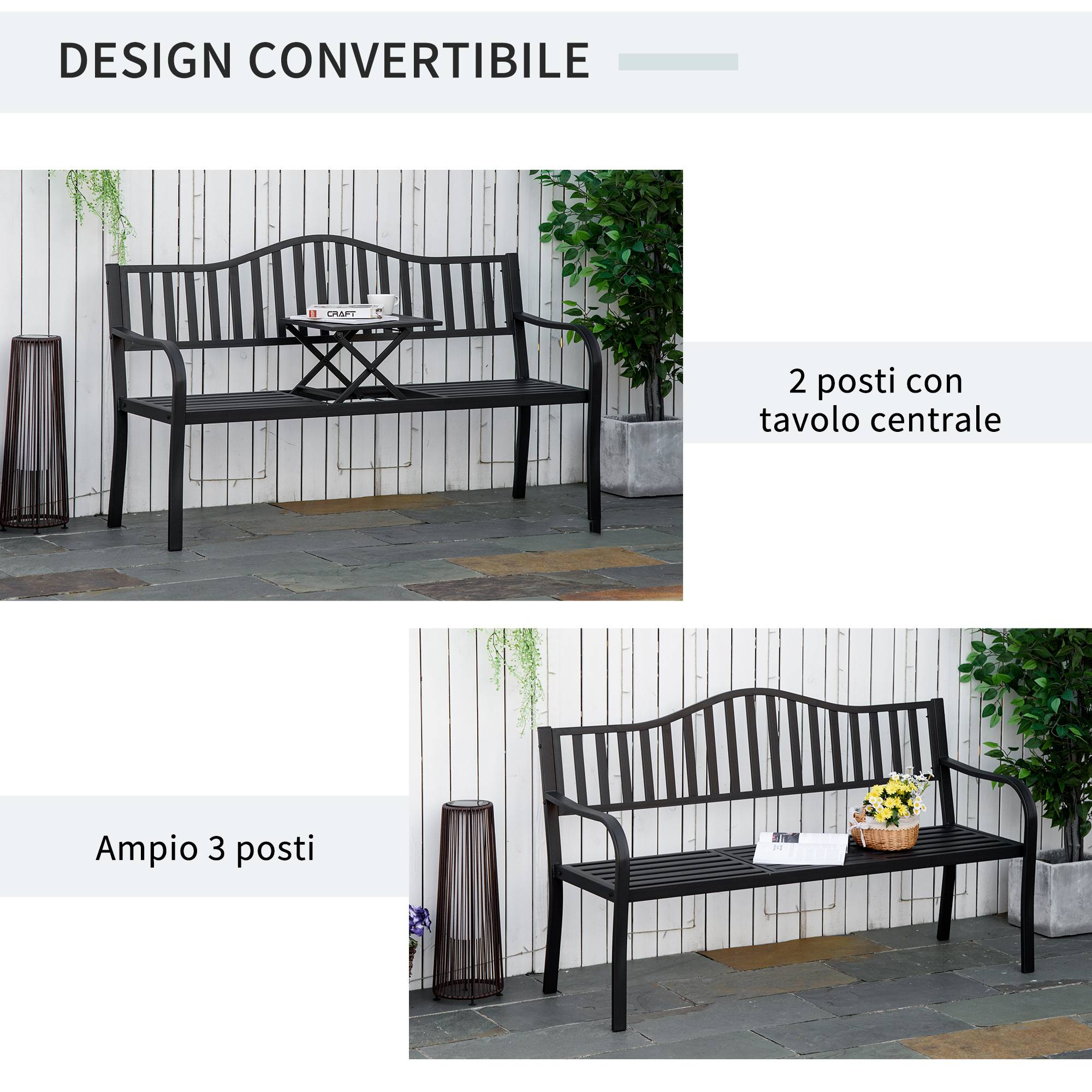Banc de jardin convertible 3 places métal terrasse avec table centrale noir 150cm - ComfortXL Outdoor Living - Image 6
