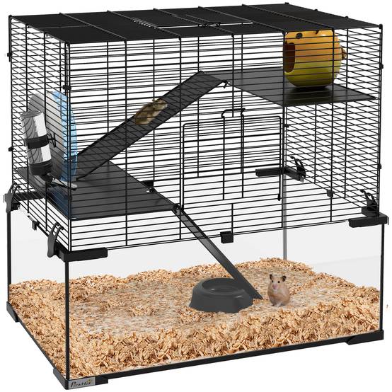Cage hamster 3 niveaux acier pour rongeurs avec rampe et accessoires 60x40x55cm noir - ComfortXL Outdoor Living - Image 1