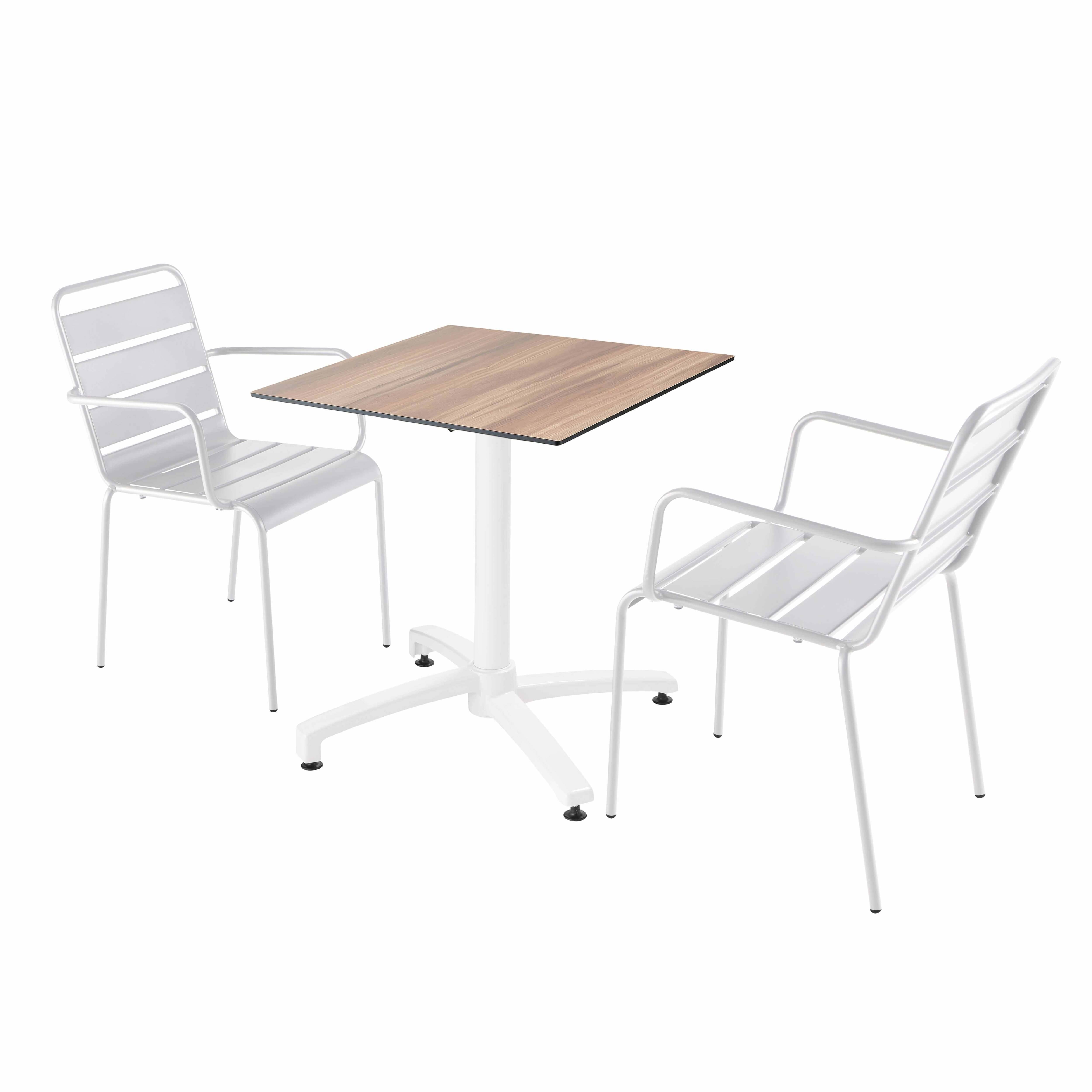 Oviala - Ensemble table terrasse stratifié chêne foncé et 2 fauteuils blanc - Oviala - Imagen 1