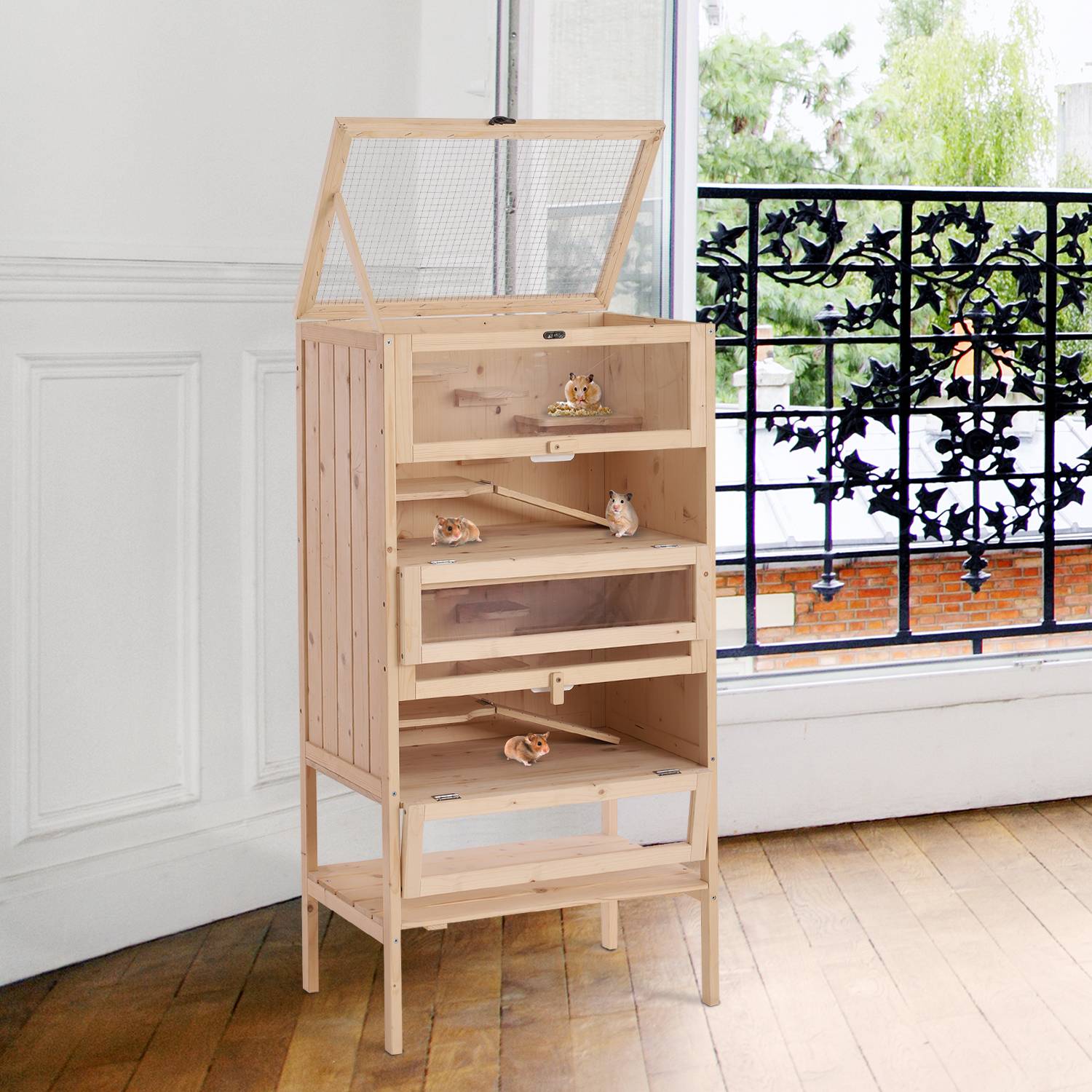 Cage hamsters en bois pour petits rongeurs multi-niveaux 60x40x120cm beige - ComfortXL Outdoor Living - Image 3