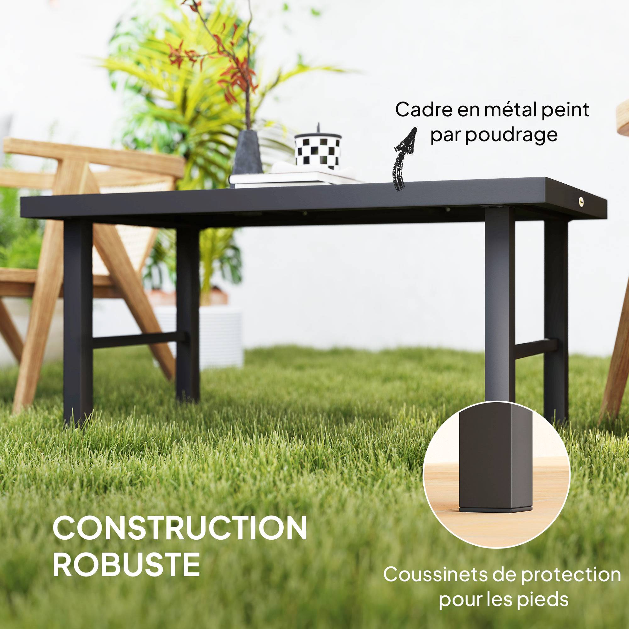 Table basse de jardin métal et SPC noir 100 x 52 x 46 cm - PANGIVO - Image 7