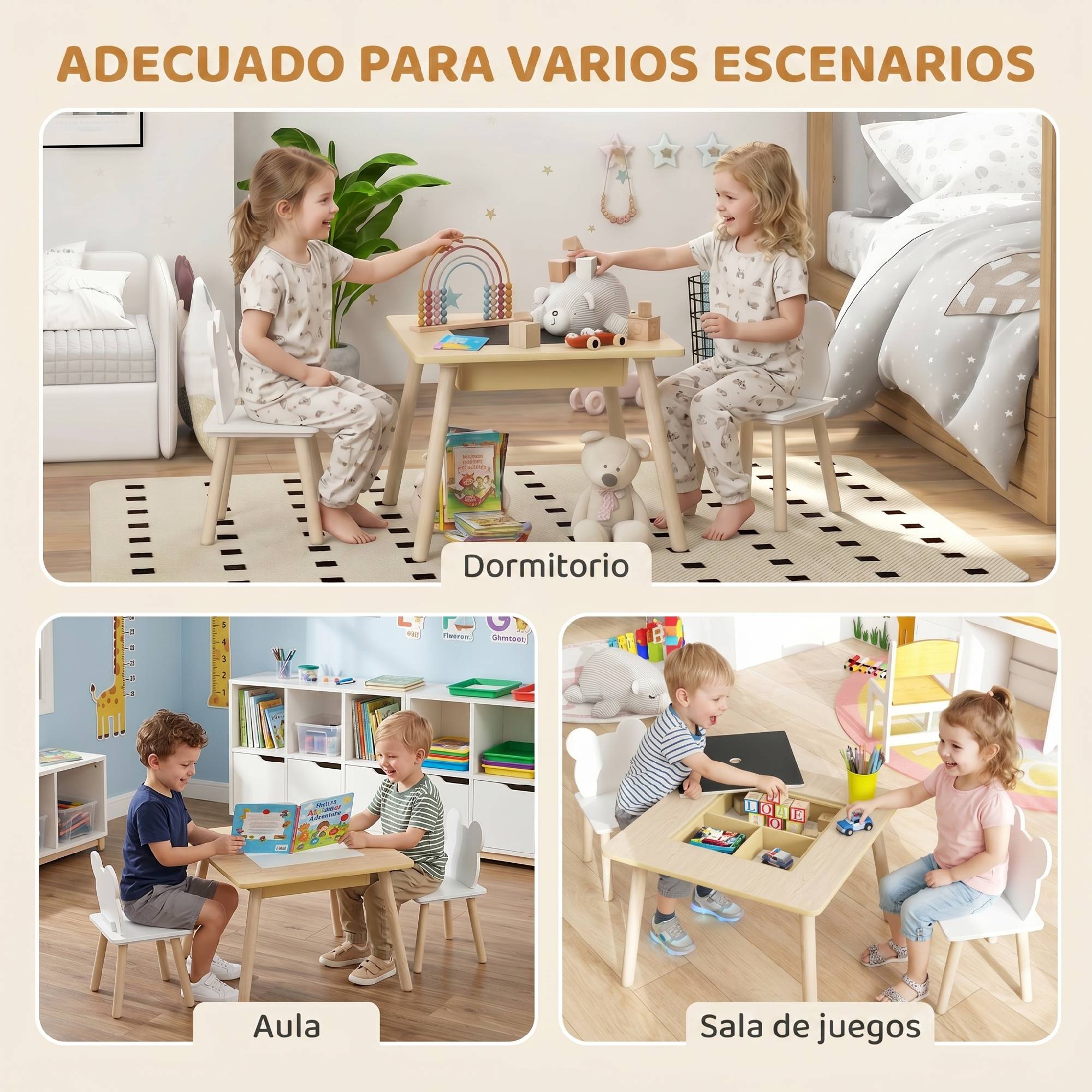 Ensemble table et 2 chaises pour enfants en bois avec compartiments et tableau noir amovible 60 x 60 x 44 cm Naturel et blanc - Image 9