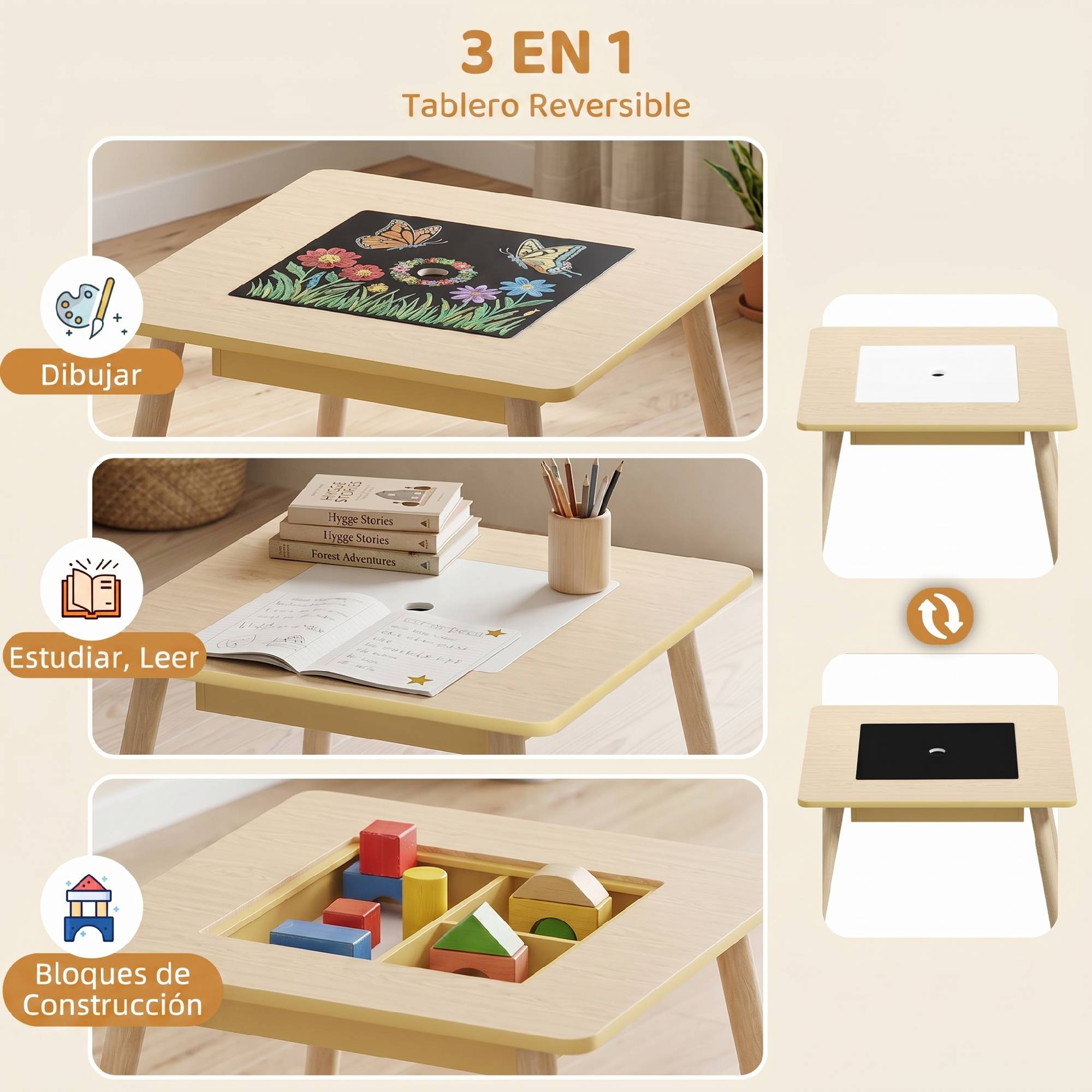 Ensemble table et 2 chaises pour enfants en bois avec compartiments et tableau noir amovible 60 x 60 x 44 cm Naturel et blanc - Image 6