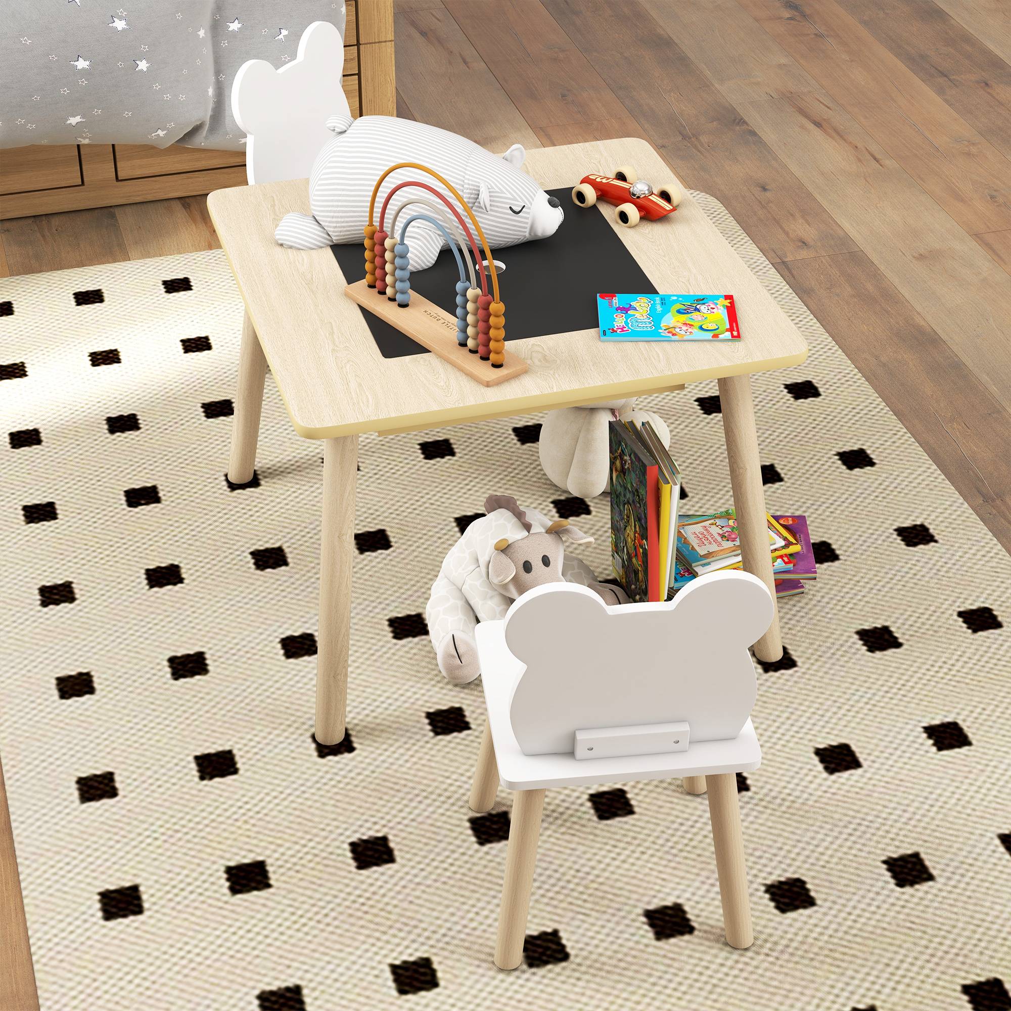 Ensemble table et 2 chaises pour enfants en bois avec compartiments et tableau noir amovible 60 x 60 x 44 cm Naturel et blanc - Image 10