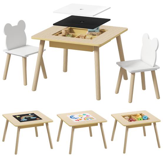 Ensemble table et 2 chaises pour enfants en bois avec compartiments et tableau noir amovible 60 x 60 x 44 cm Naturel et blanc - Image 1
