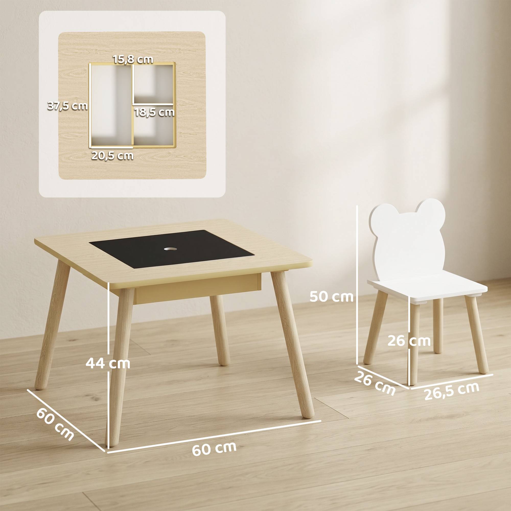 Ensemble table et 2 chaises pour enfants en bois avec compartiments et tableau noir amovible 60 x 60 x 44 cm Naturel et blanc - Image 5