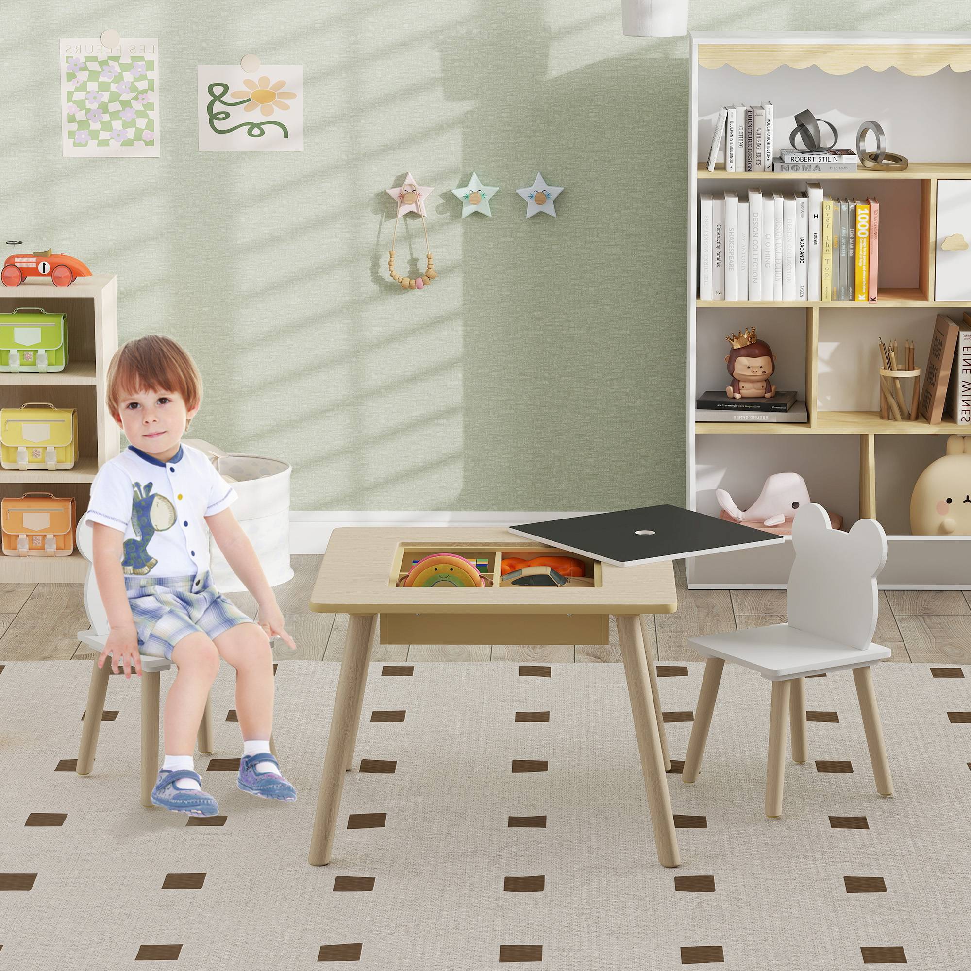 Ensemble table et 2 chaises pour enfants en bois avec compartiments et tableau noir amovible 60 x 60 x 44 cm Naturel et blanc - Image 3