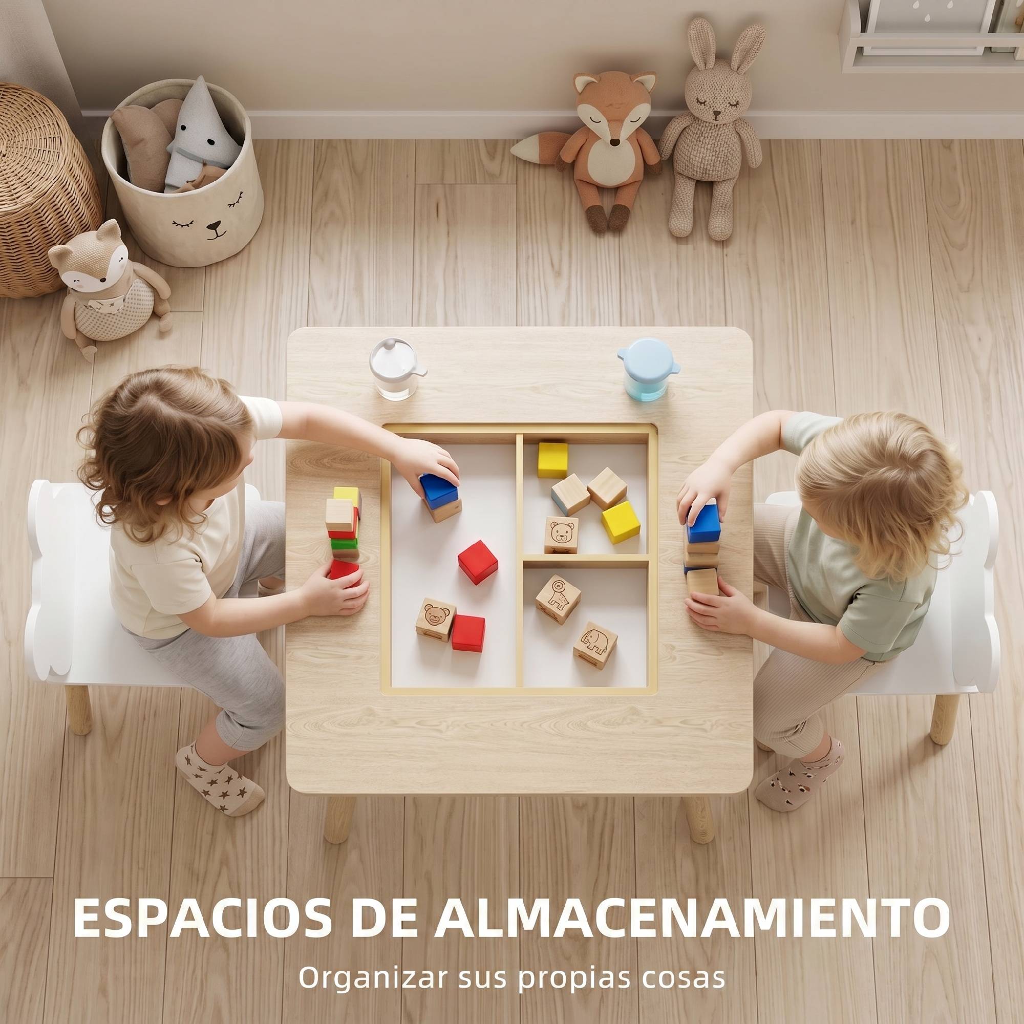 Ensemble table et 2 chaises pour enfants en bois avec compartiments et tableau noir amovible 60 x 60 x 44 cm Naturel et blanc - Image 8