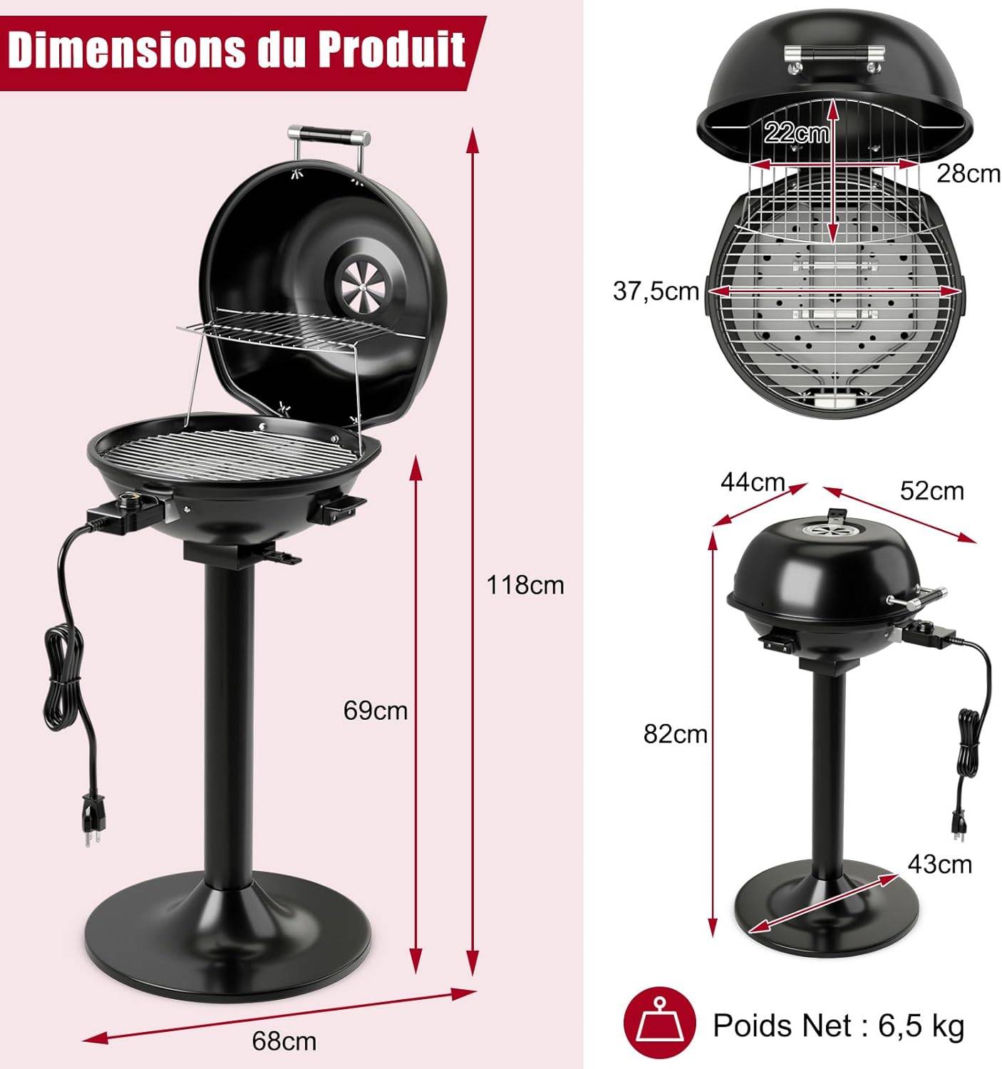 Costway - Barbecue Électrique Extérieur 1600 W, Grill Portatif sur Pied avec Grille Chauffante Amovible Antiadhésive Température Réglable, Idéal pour Cuisson Ba - Image 4