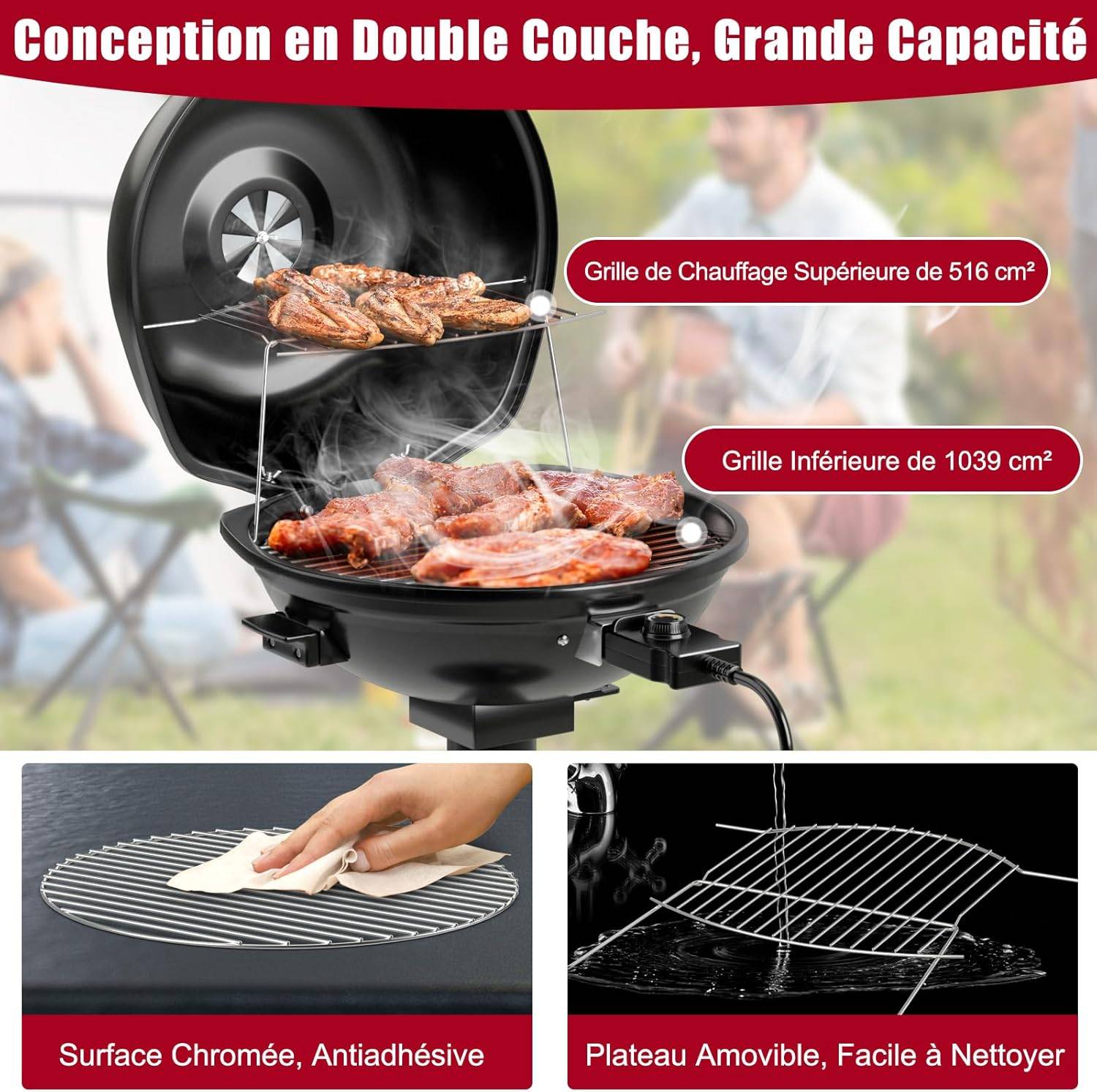 Costway - Barbecue Électrique Extérieur 1600 W, Grill Portatif sur Pied avec Grille Chauffante Amovible Antiadhésive Température Réglable, Idéal pour Cuisson Ba - Image 5