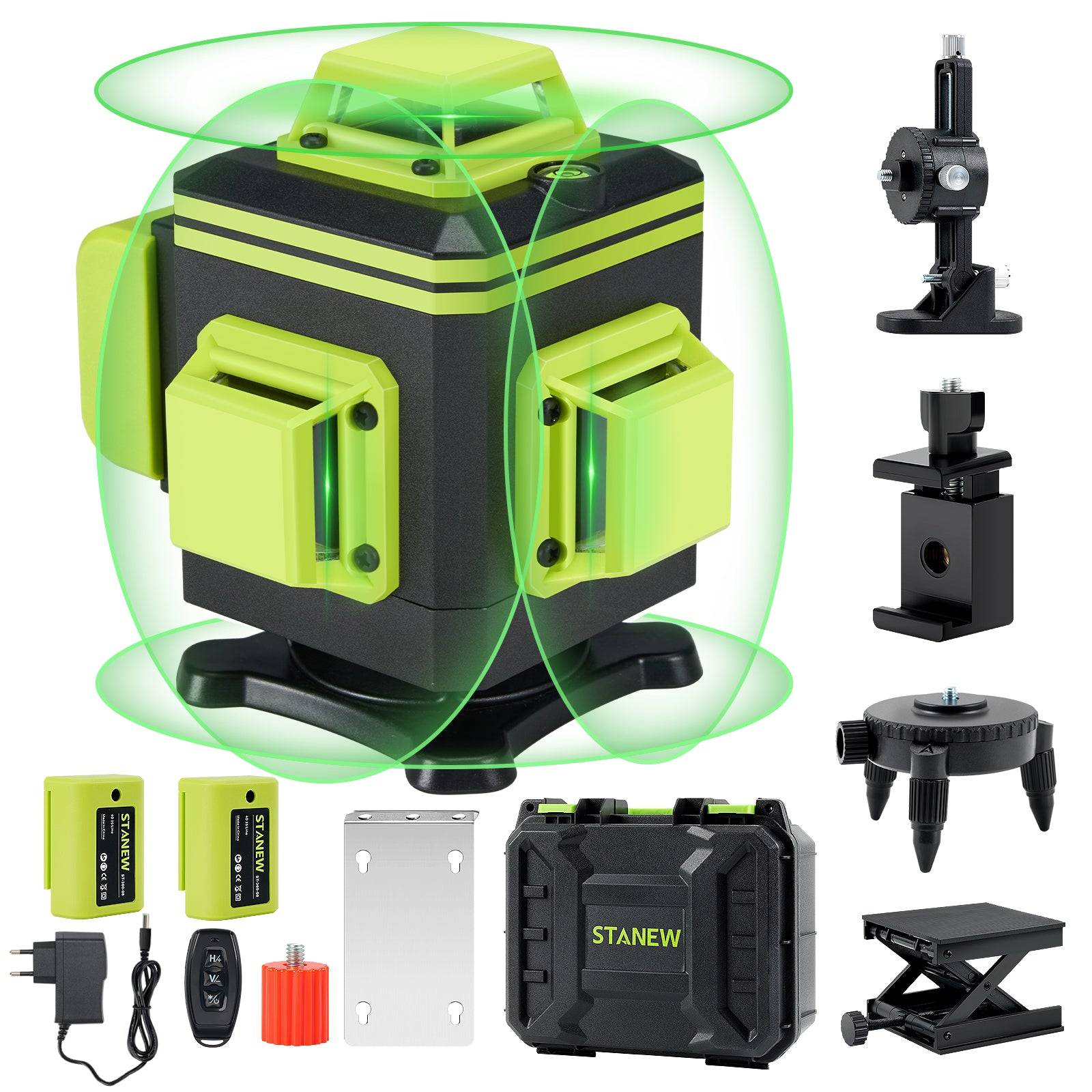 4 x niveaux laser 360° avec affichage de la puissance, 2 x batteries 2400 mAh, 16 lignes