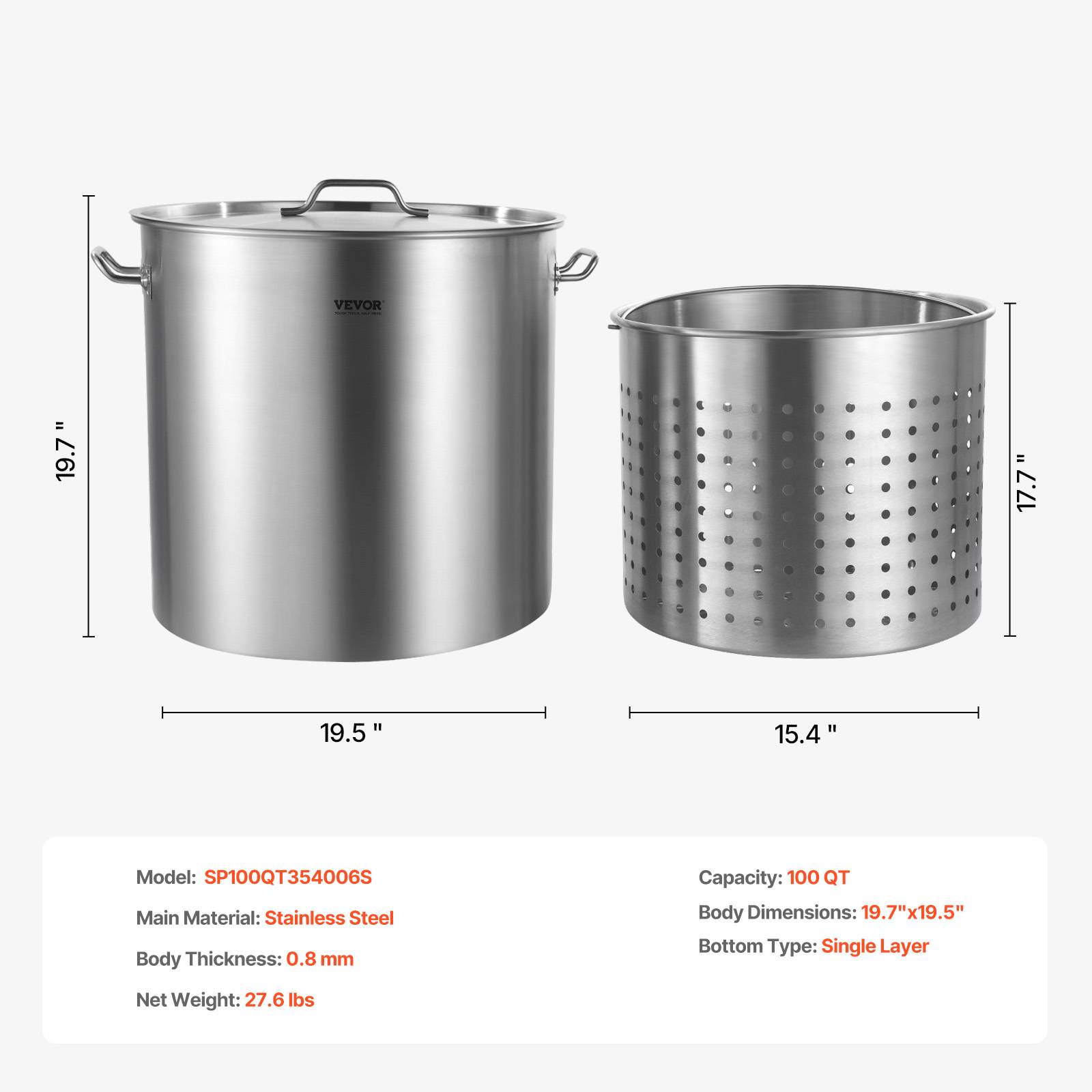 VEVOR Marmite inox 94,6 L, panier, couvercle, poignée, qualité commerciale. Argent. - Image 7
