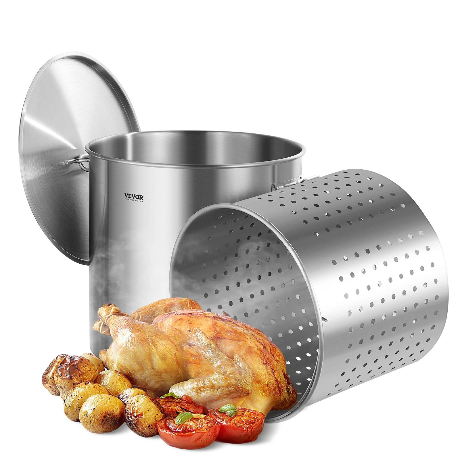 VEVOR Marmite inox 94,6 L, panier, couvercle, poignée, qualité commerciale. Argent. - Image 1