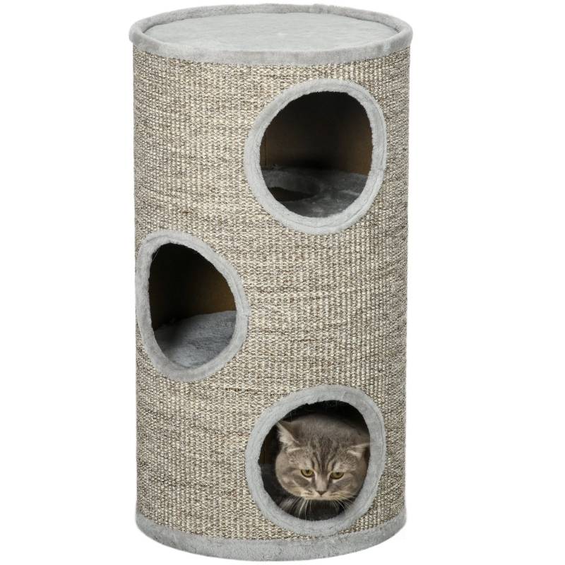 Tour à griffer 3 niveaux, surface sisal, dimensions 38x38x70cm, couleur gris clair pour chat - Image 1