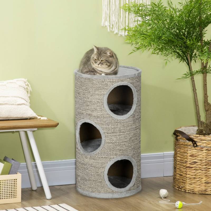 Tour à griffer 3 niveaux, surface sisal, dimensions 38x38x70cm, couleur gris clair pour chat - Image 2