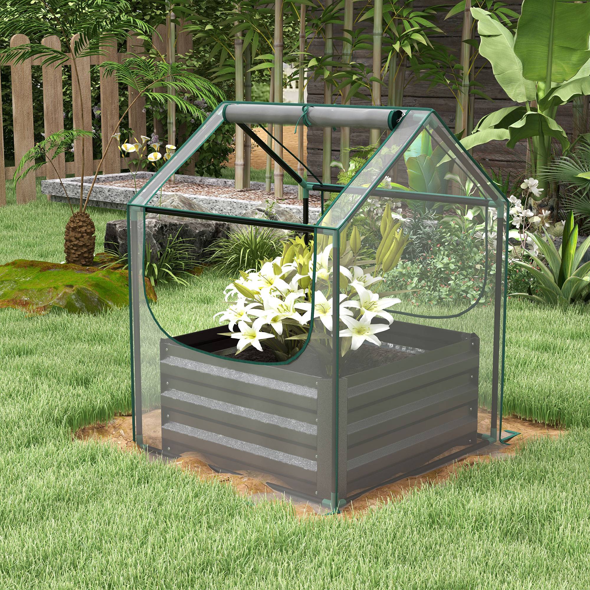 Sans Marque - Carré potager de jardin avec mini serre, jardinière surélevée en acier galvanisé, 70 x 70 x 90 cm, gris foncé - Image 4